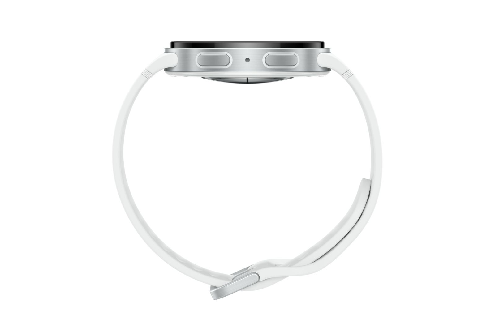 Biały smartwatch z białym paskiem i srebrnym zapięciem pokazany z profilu. Tarcza zegarka ma dwa przyciski.