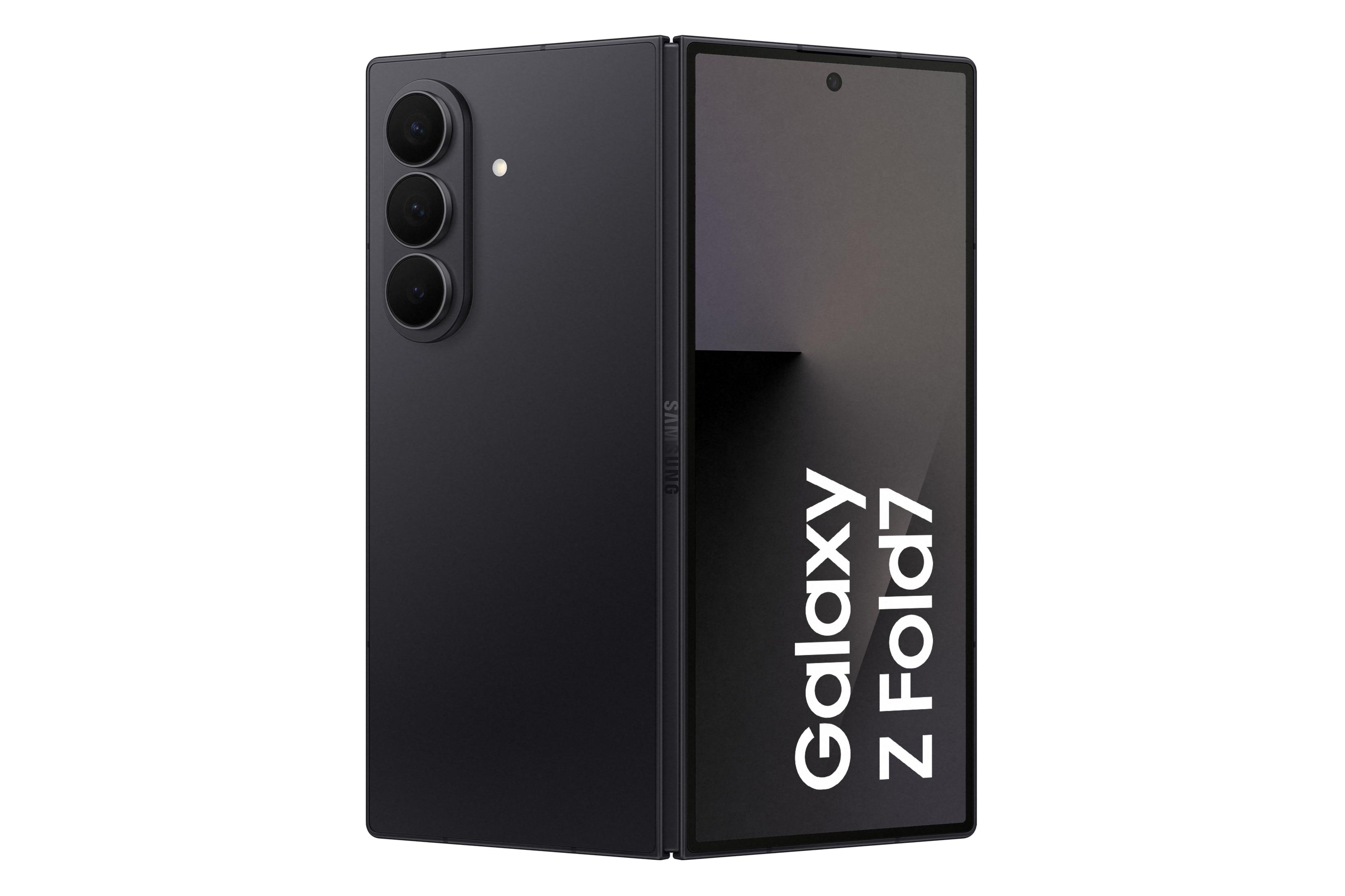 Czarny smartfon Samsung Galaxy Z Fold7 jest pokazany częściowo złożony. Wyświetla logo telefonu na ekranie.