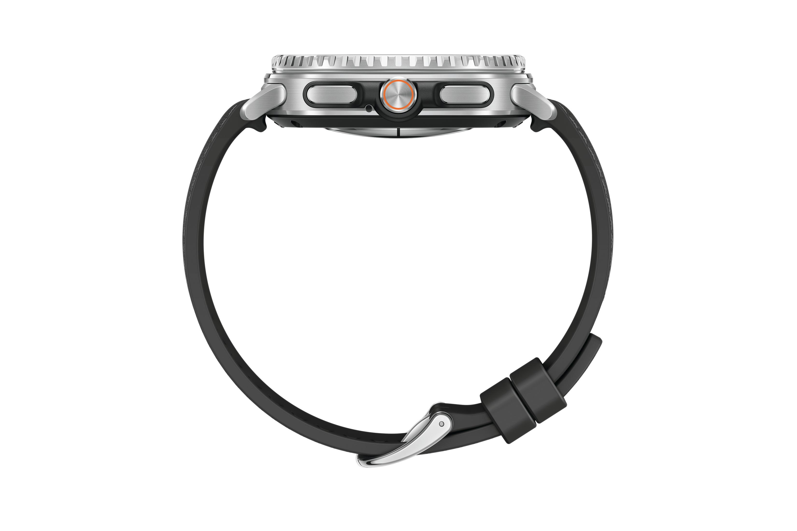 Srebrny zegarek z czarnym paskiem pokazany z boku. Zegarek ma pomarańczowe i czarne przyciski.