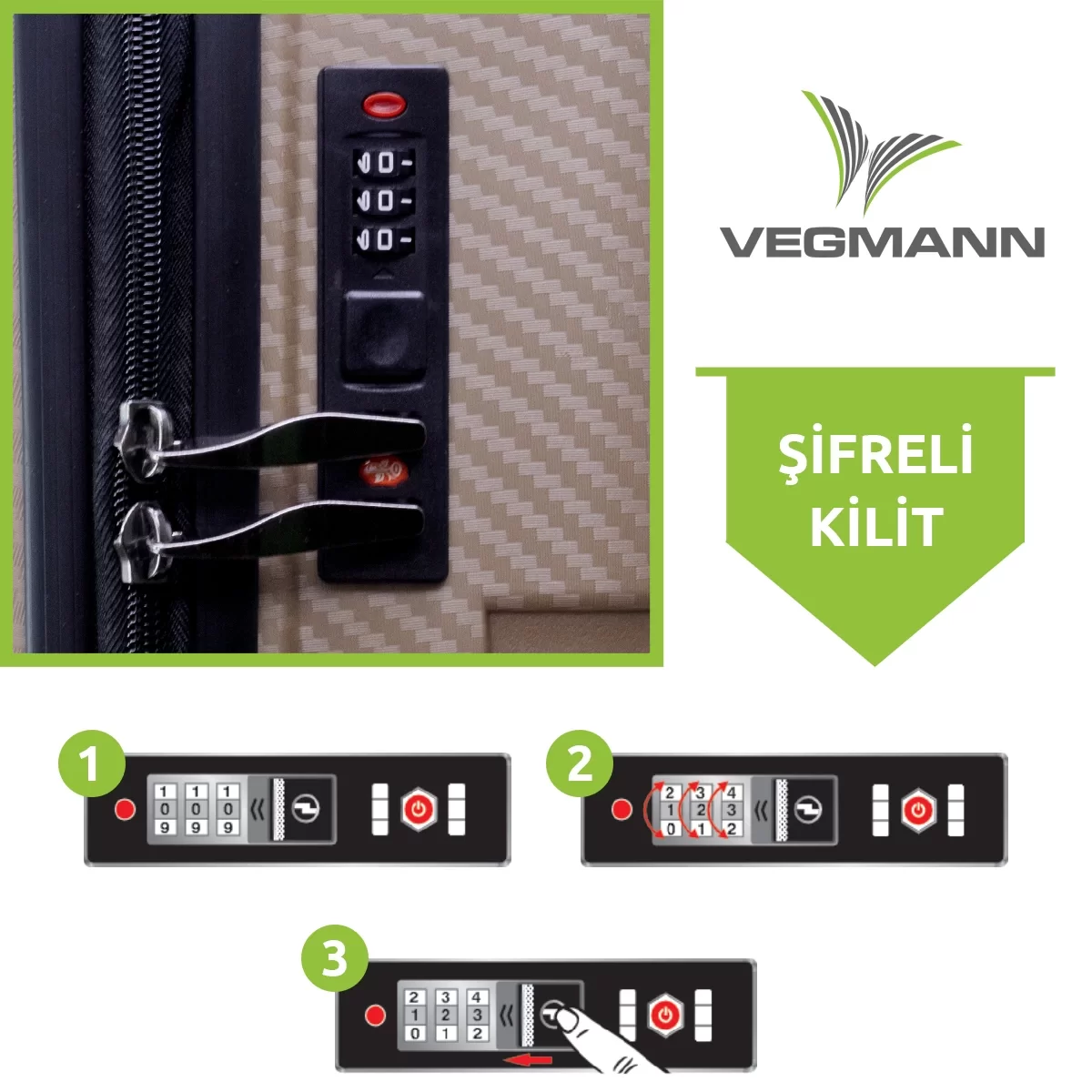 Kombinasyonlu bir bavul kilidi. Görüntü ayrıca Vegmann logosunu ve kilidi nasıl ayarlayacağınıza dair talimatları gösterir.