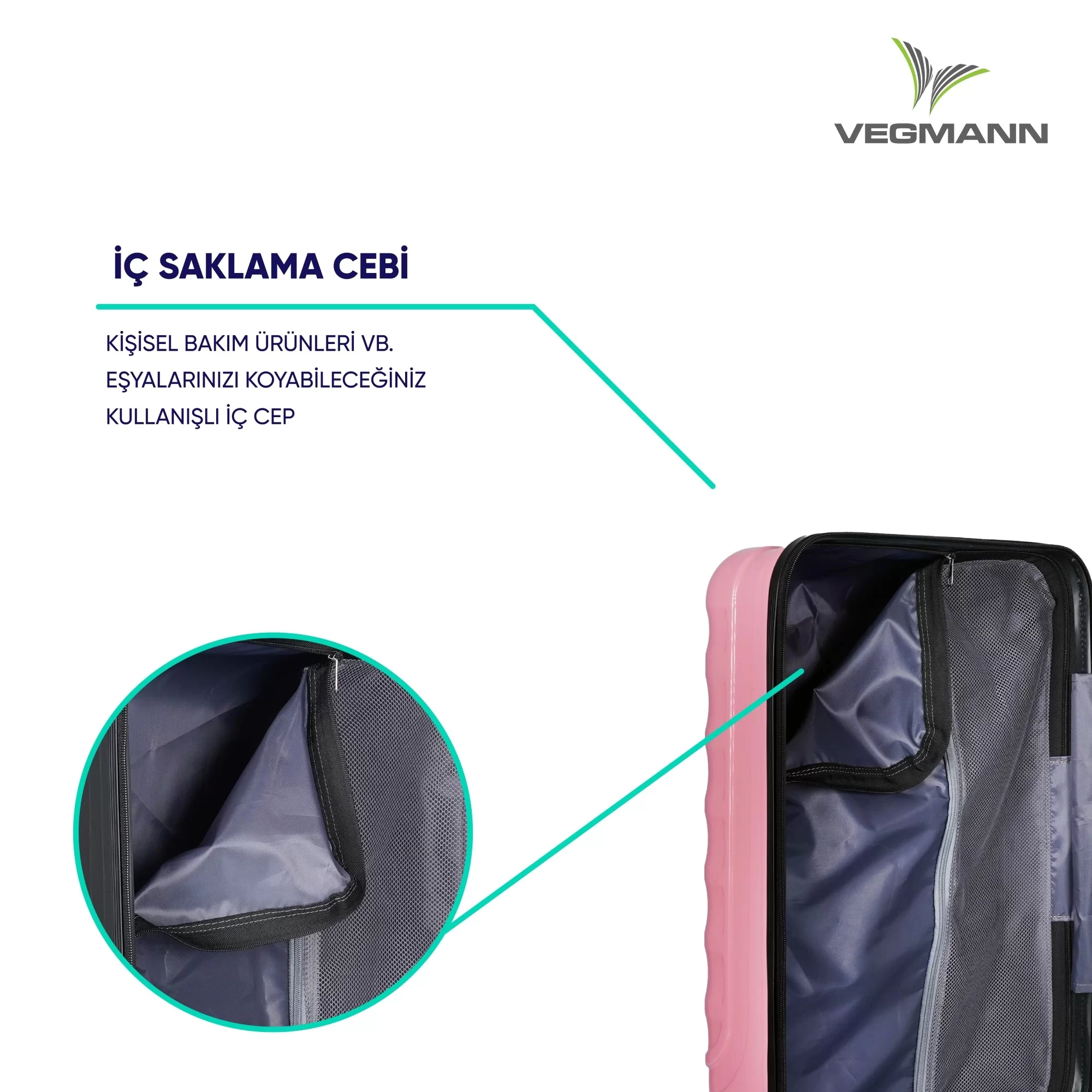 İç cebi, file cebi ve Vegmann logosu olan pembe bavul. Metin: İç Saklama Cebi (İç Cep).