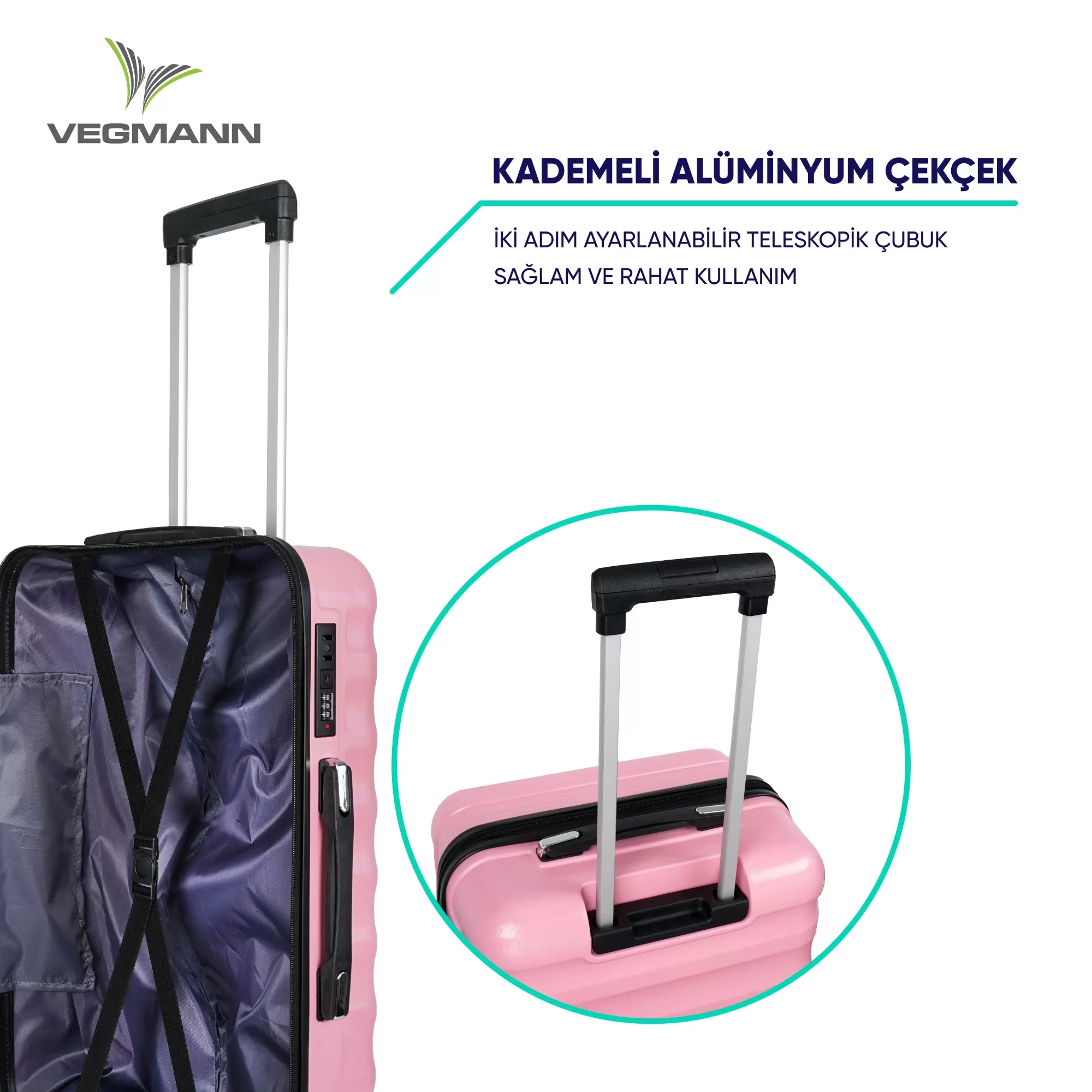 Pembe bavul, tutma sapı, içini göstermek için açık. Türkçe metin: alüminyum bavul, ayarlanabilir teleskopik çubuk.