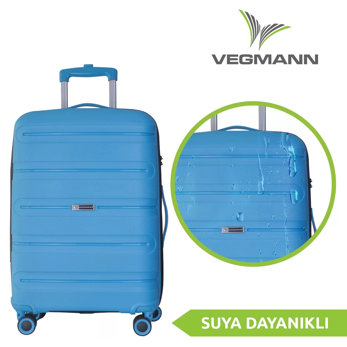 Teleskopik saplı açık mavi bir Vegmann bavulu. Suya dayanıklıdır ve markanın logosunu taşır.