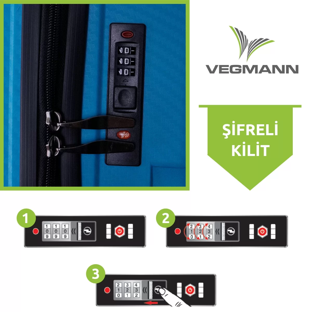 Siyah kilitli mavi bavul. Talimatlar, kombinasyon kilidinin nasıl ayarlanacağını gösterir. Marka Vegmann'dır.
