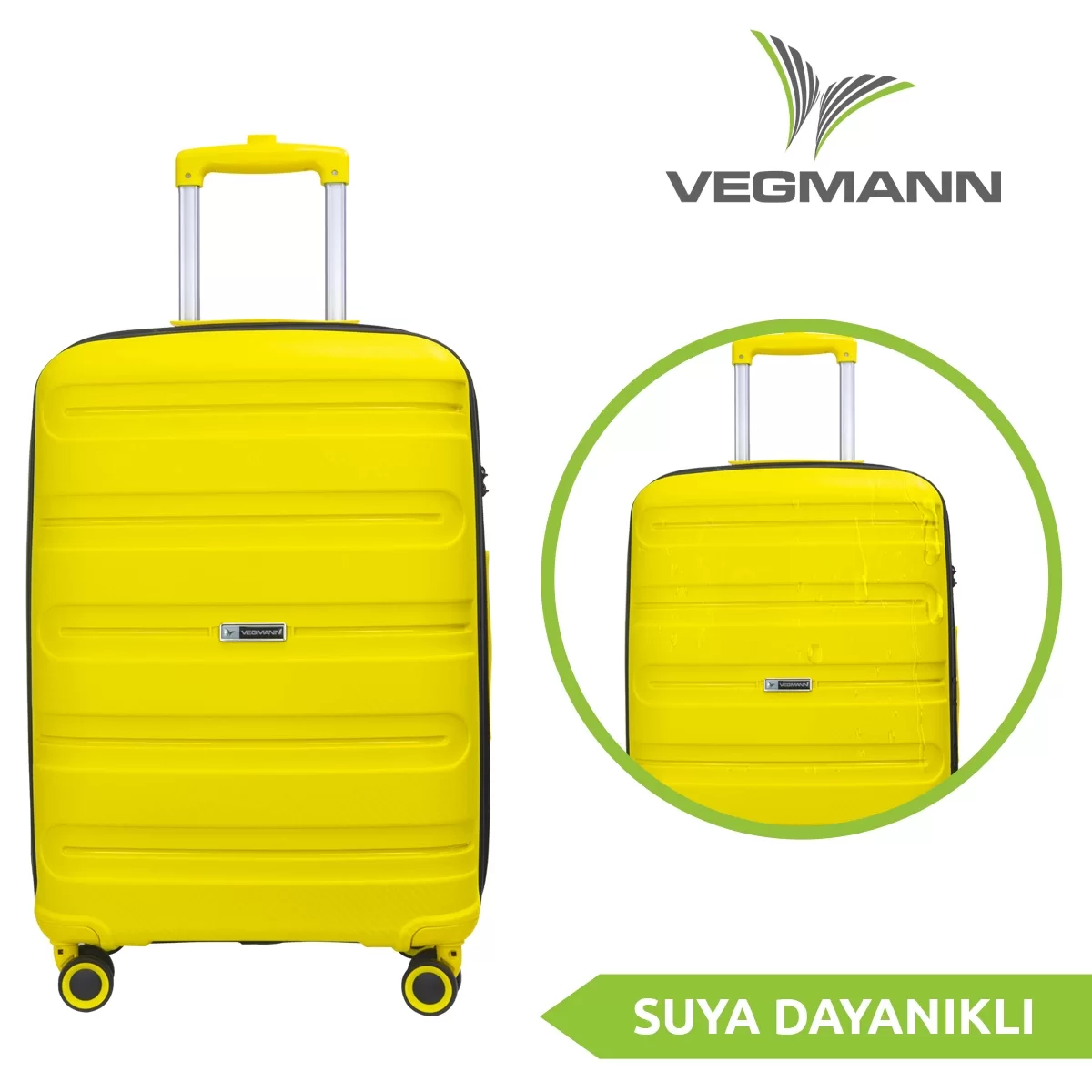 Sarı bir Vegmann bavul, çekme kolu ve tekerlekleri var. İç kısımda daha küçük bir versiyon gösteriliyor. Metin: 'SUYA DAYANIKLI'.