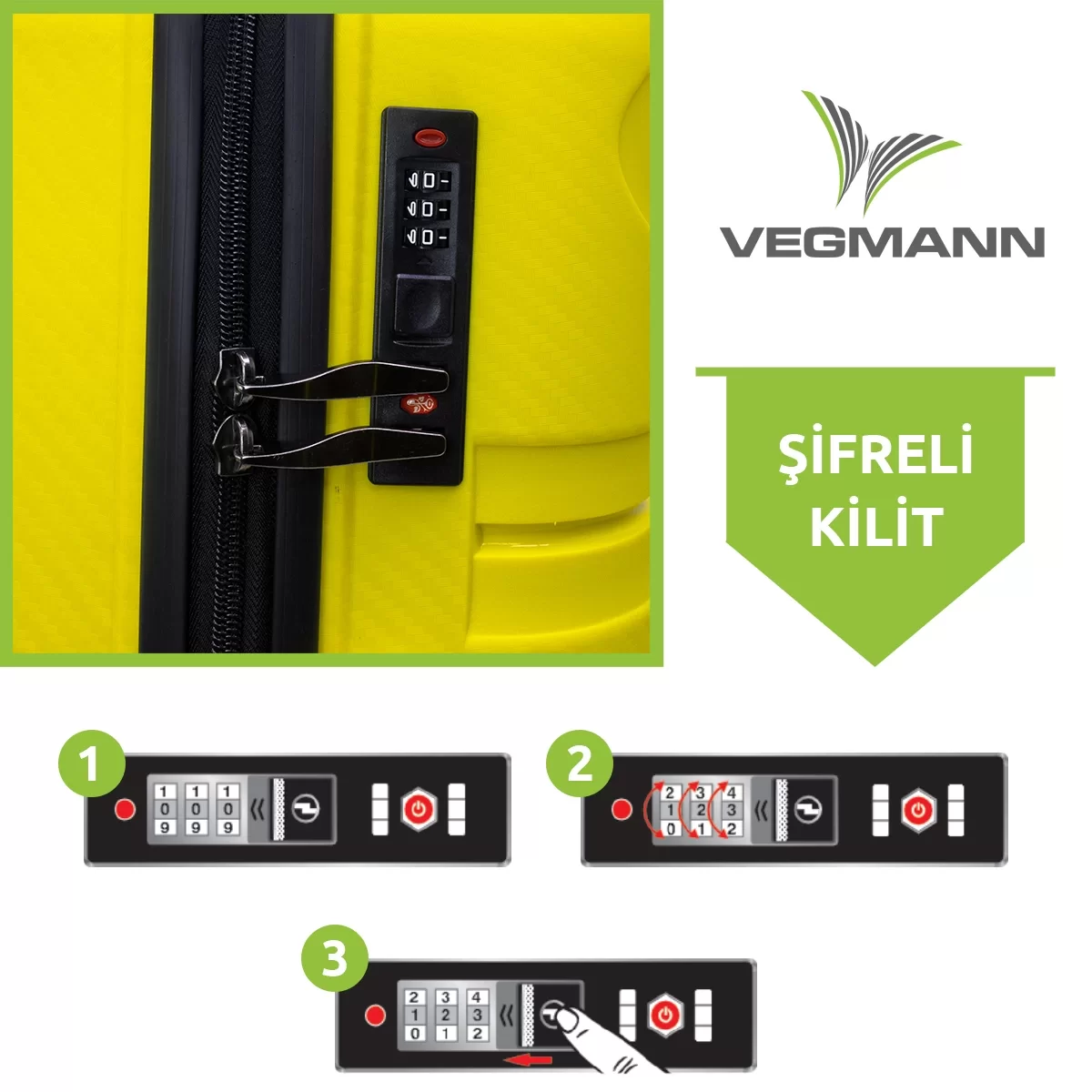 Sarı bavul, şifreli kilitli. Talimatlar, bir kodun nasıl ayarlanacağını gösterir. Vegmann logosu ve Türkçe "Şifreli Kilit" metni görünür.