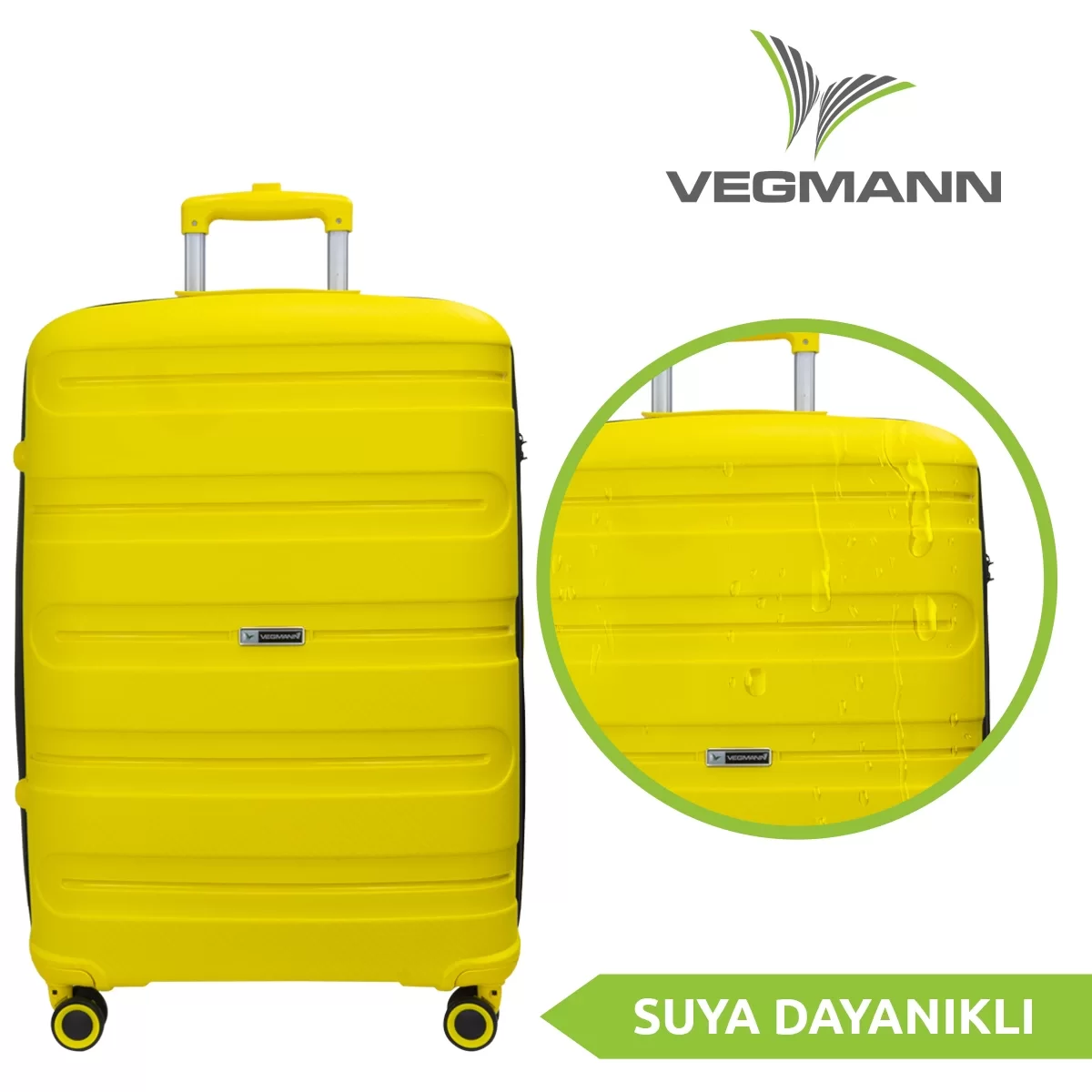 Suya dayanıklı olduğunu iddia eden sarı bir Vegmann bavul. Sap, tekerlekler ve logo içerir. Büyütülmüş görünüm su damlacıklarını gösterir.