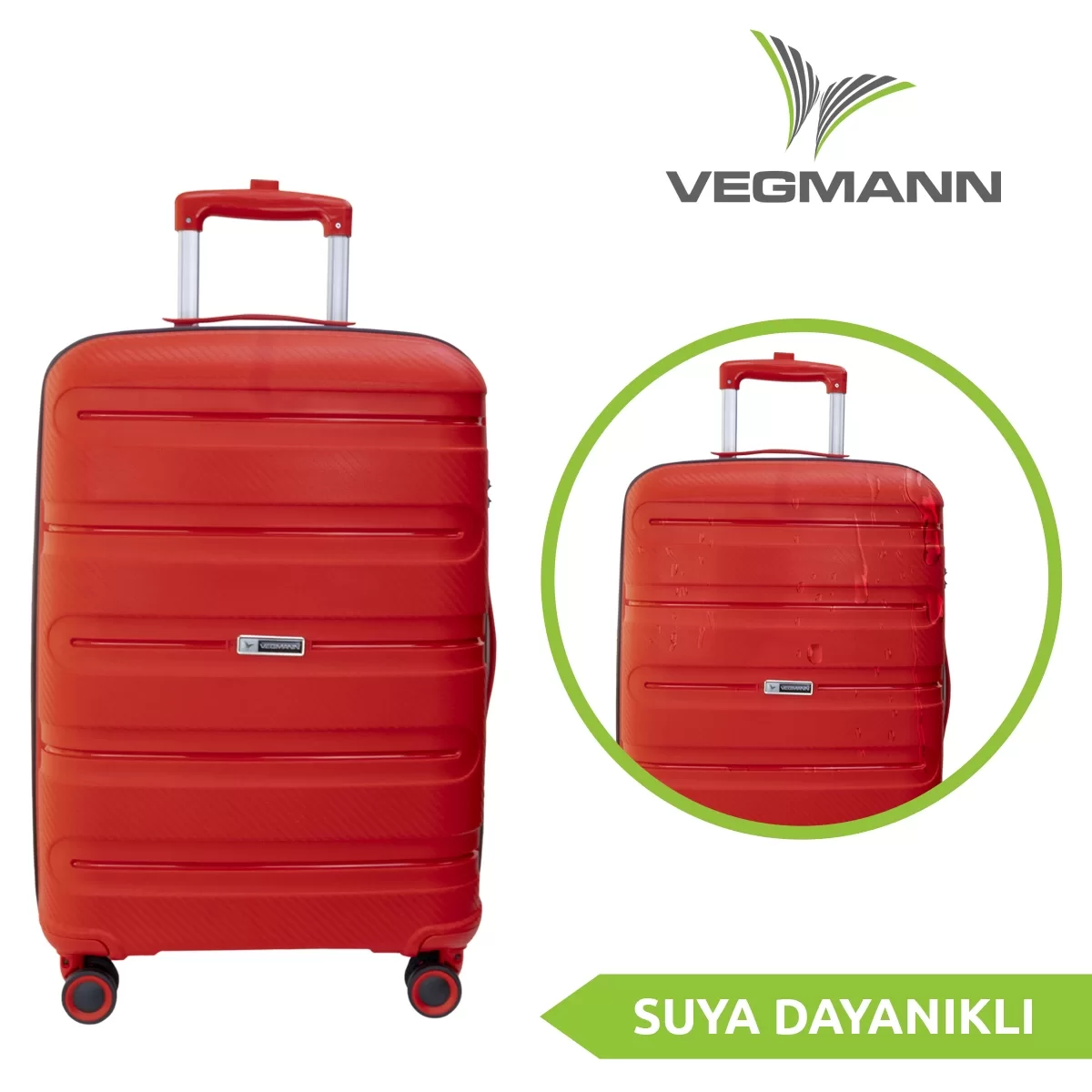 Kırmızı bir VEGMANN bavul, çekme saplı ve daha küçük dairesel bir versiyon. Metin: SUYA DAYANIKLI.