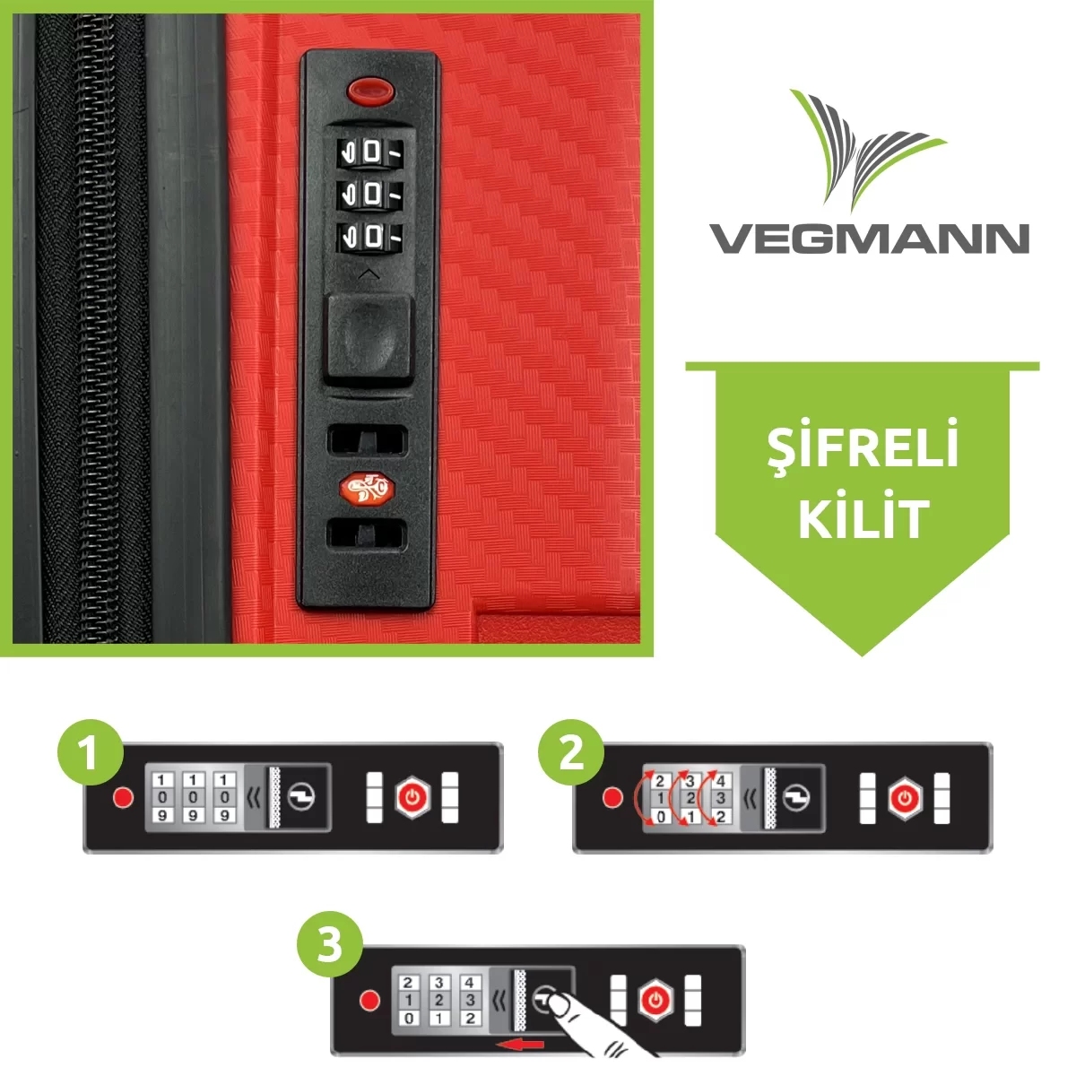 Siyah kombinasyon kilidi olan kırmızı bavul. Talimatlar, kodun nasıl ayarlanacağını gösterir. Marka adı Vegmann.