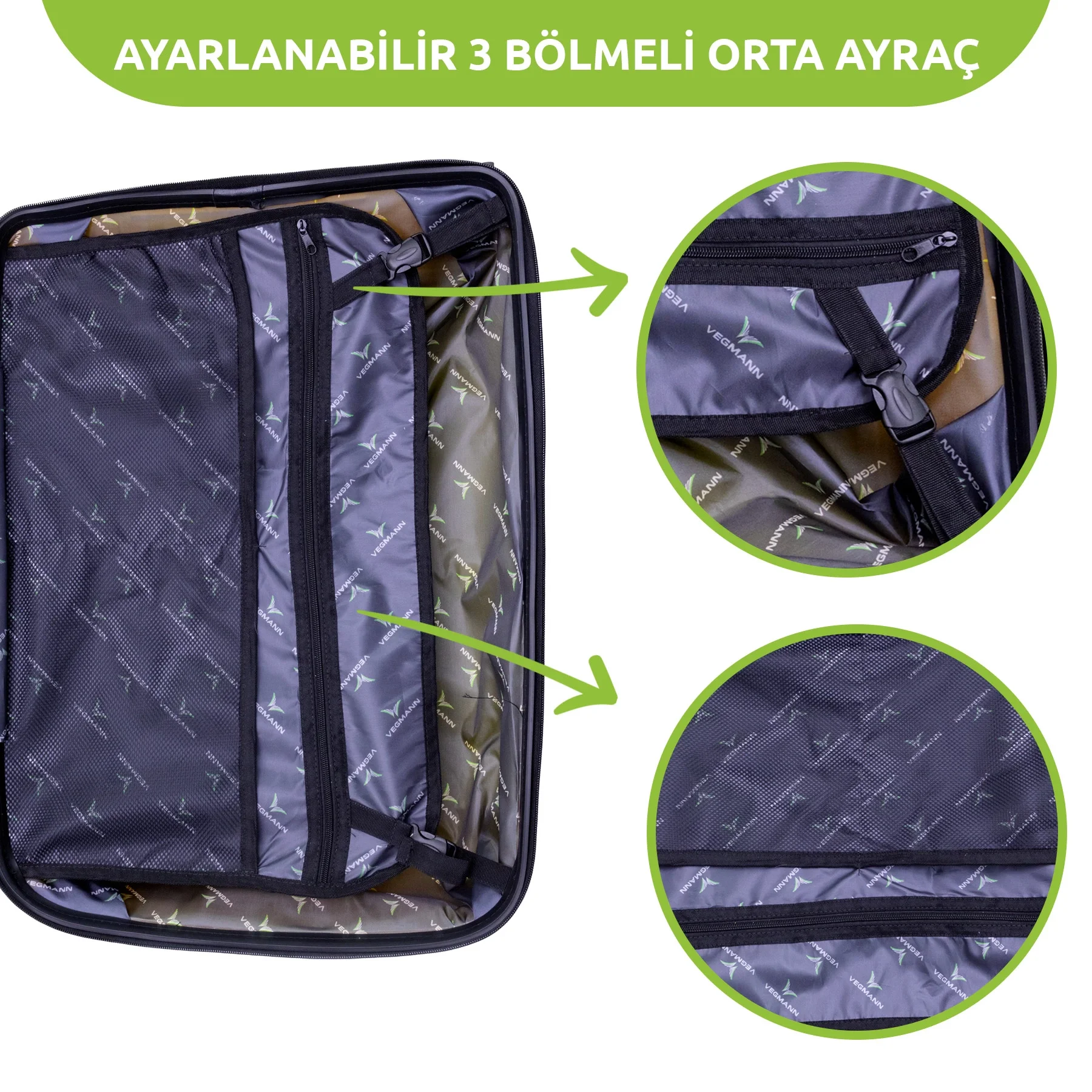 Çok bölmeli açık bir bavul. Fermuarlar, kayışlar ve Vegmann logosu gibi detaylar.