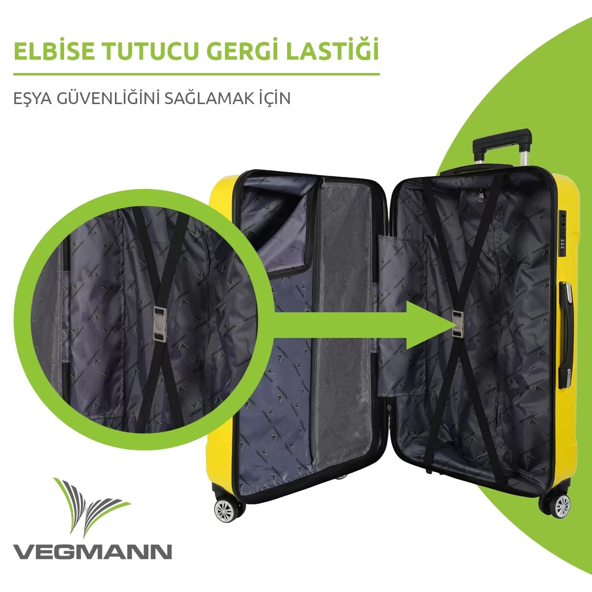 Siyah kayışlı açık sarı bavul. Görüntü, bavulun içini ve kayış detaylarının yakın çekimini gösteriyor.