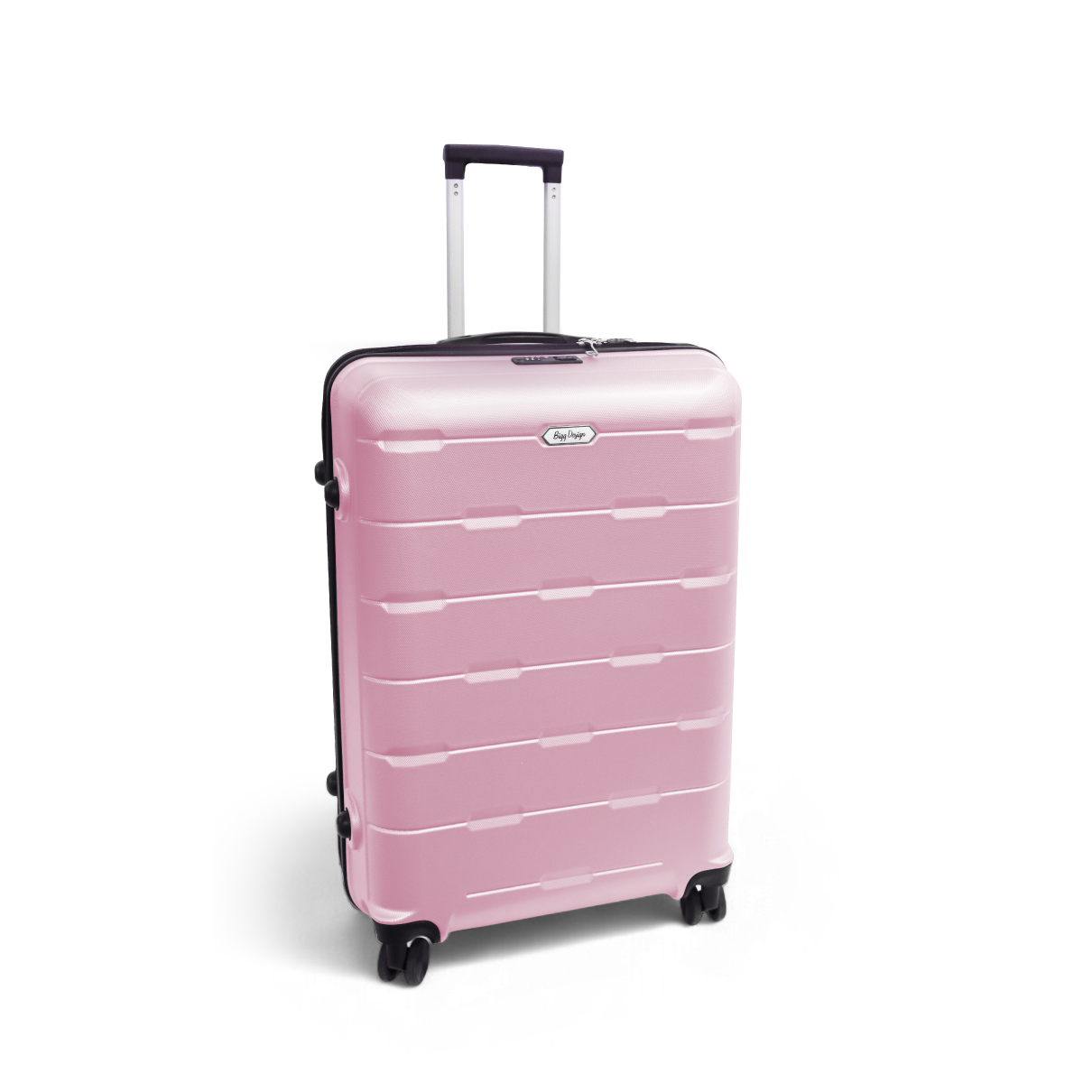 Beyaz bir arka plan üzerinde, geri çekilebilir bir tutamağa ve tekerleklere sahip pembe, dik bir bavul.