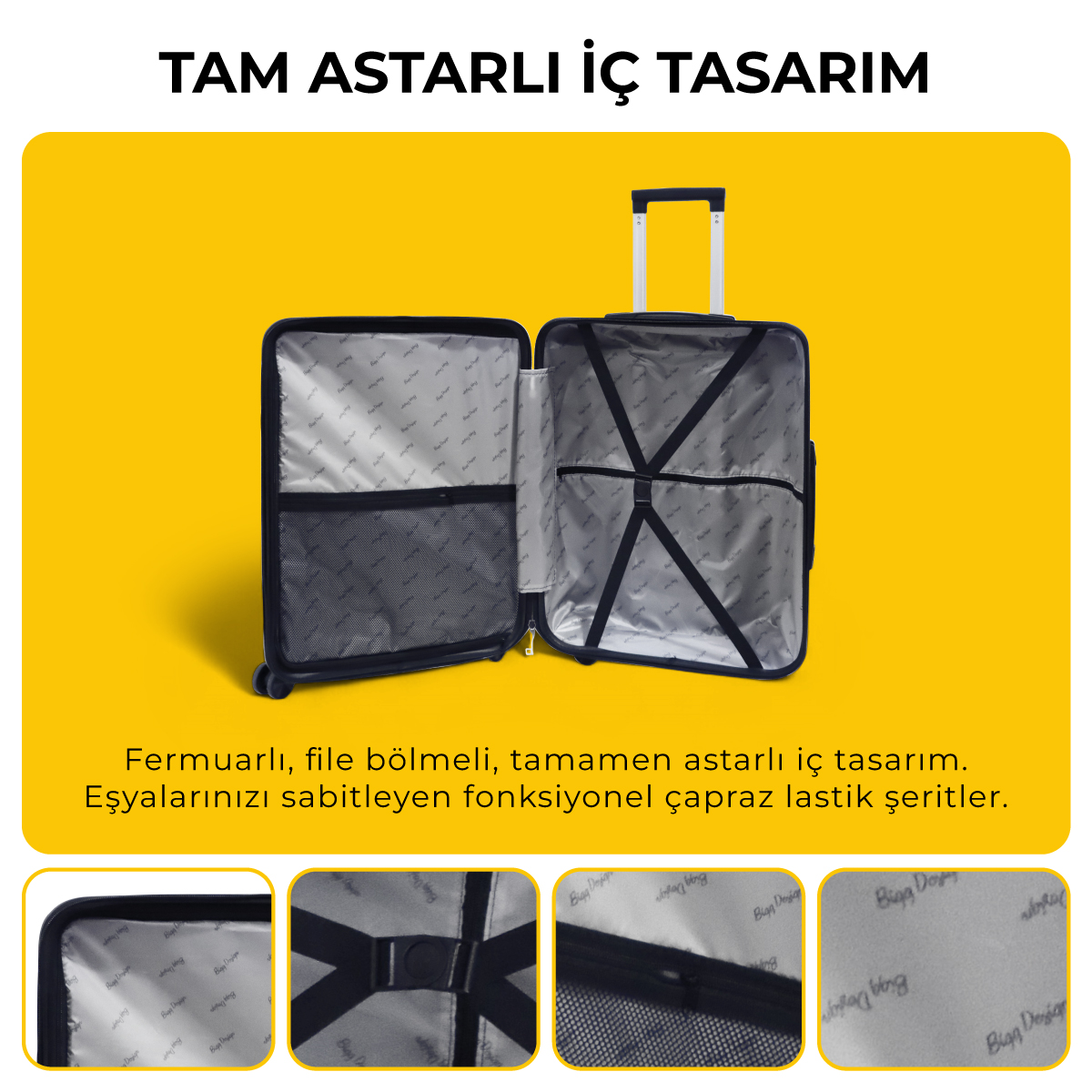 Bölmeleri ve elastik kayışları olan açık bavul. Siyah çerçeve, gümüş astar ve sarı arka plan.