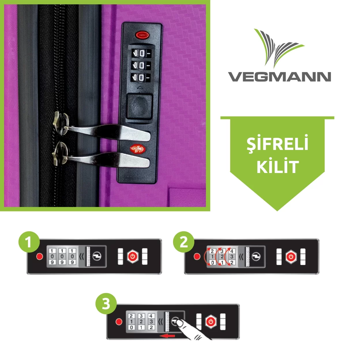 Kombinasyon kilidi, fermuar ve klipsleri olan mor bir bavul. Talimatlar kombinasyonun nasıl ayarlanacağını gösterir.