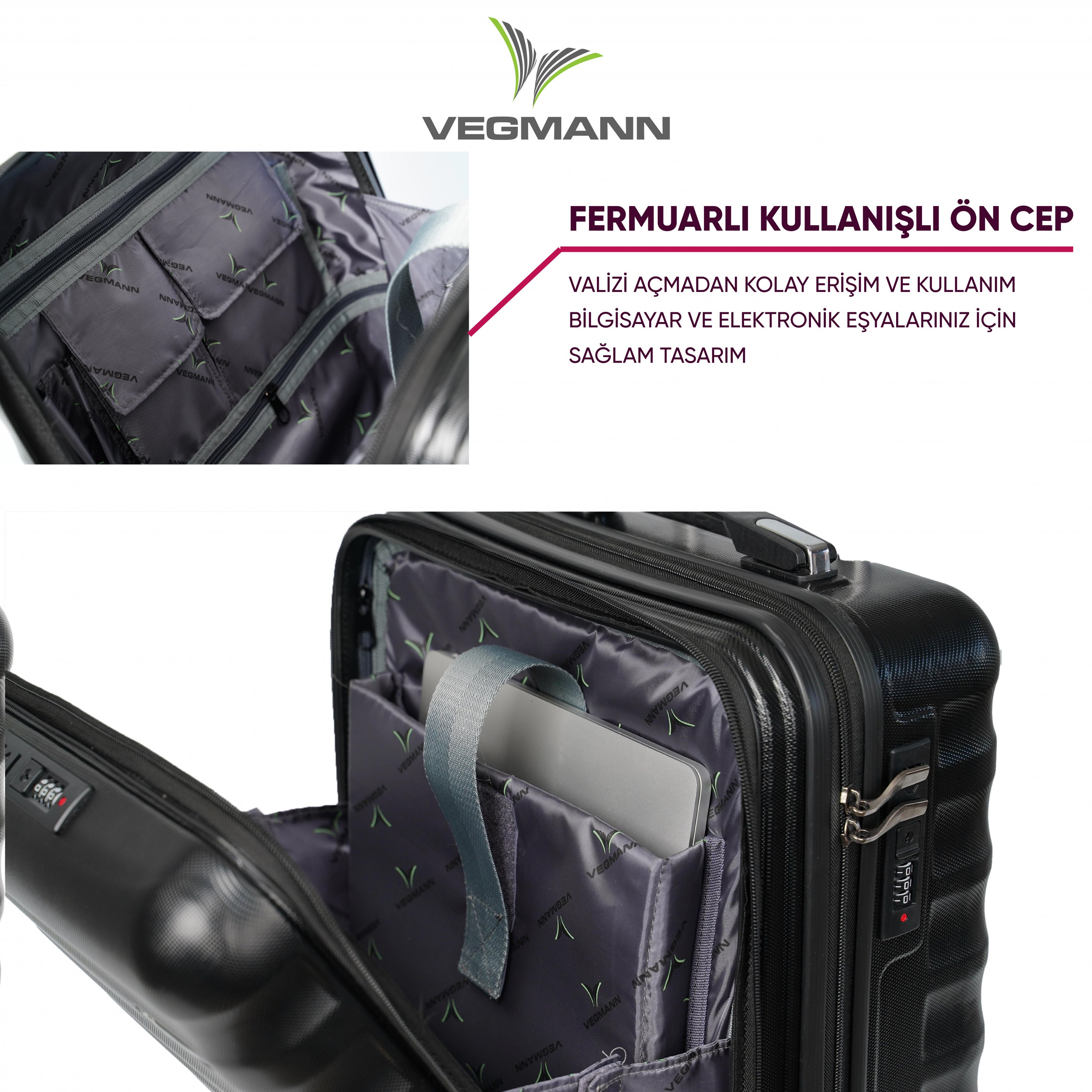 VEGMANN Wave Laptop Bölmeli ABS Kabin Boy Valiz Siyah