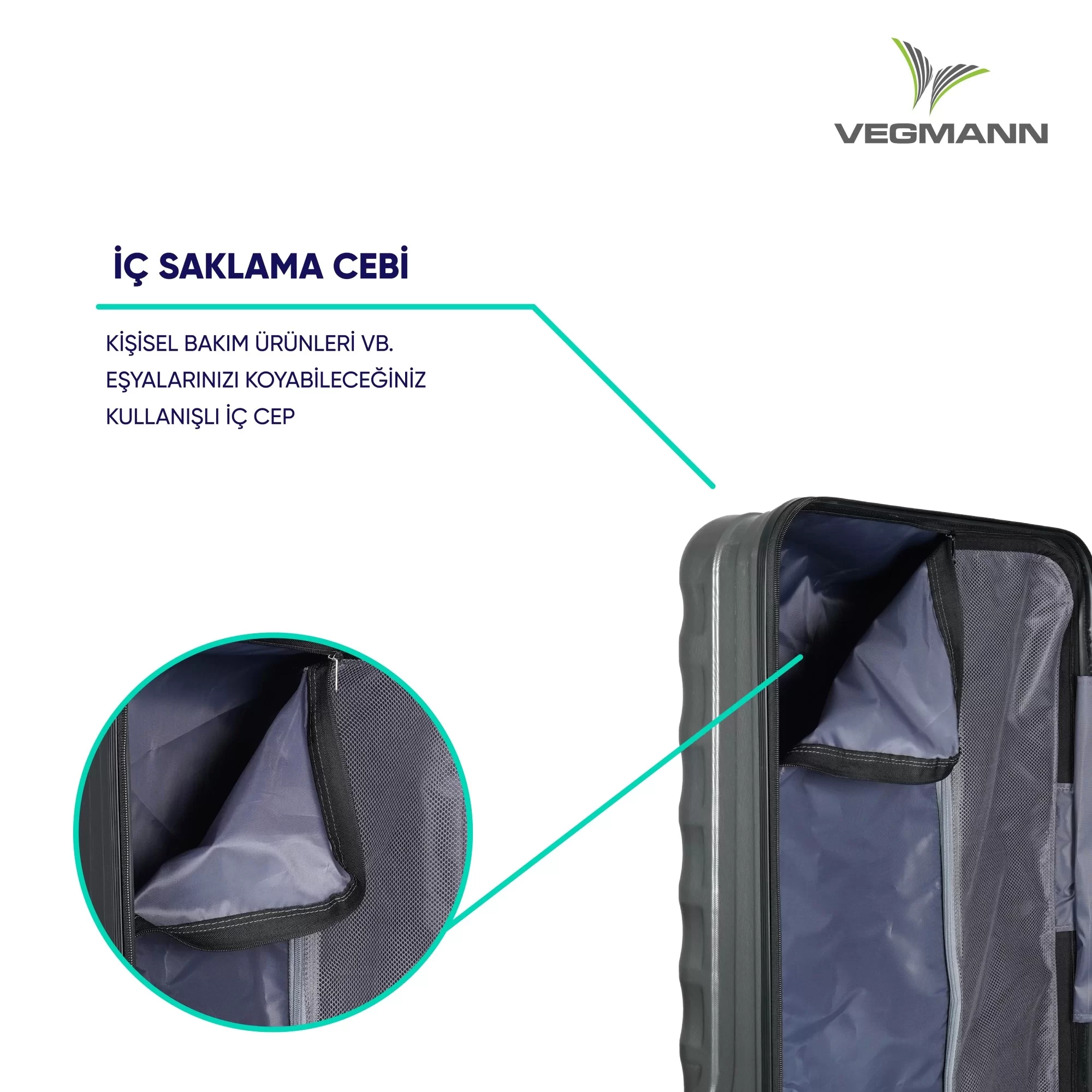 İç cepleri olan açık gri bir bavul. Metin, kişisel eşyaları saklama hakkında bilgi içeren 'İç Cep' diyor.