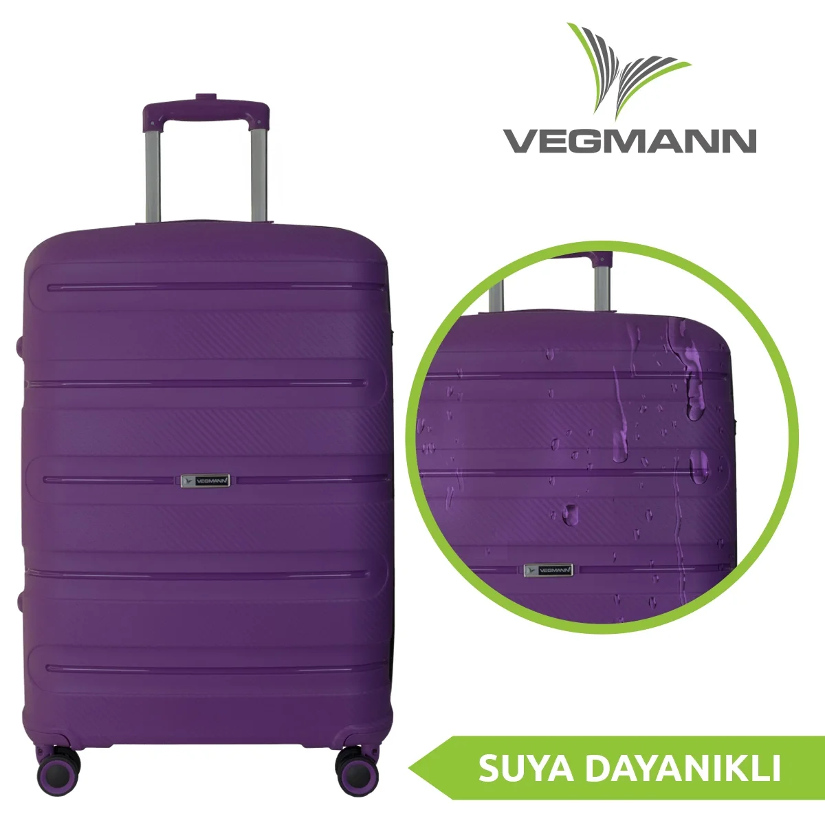 Mor Vegmann bavul, su damlacıkları, küçük bir resim ve 'SUYA DAYANIKLI' afişi.