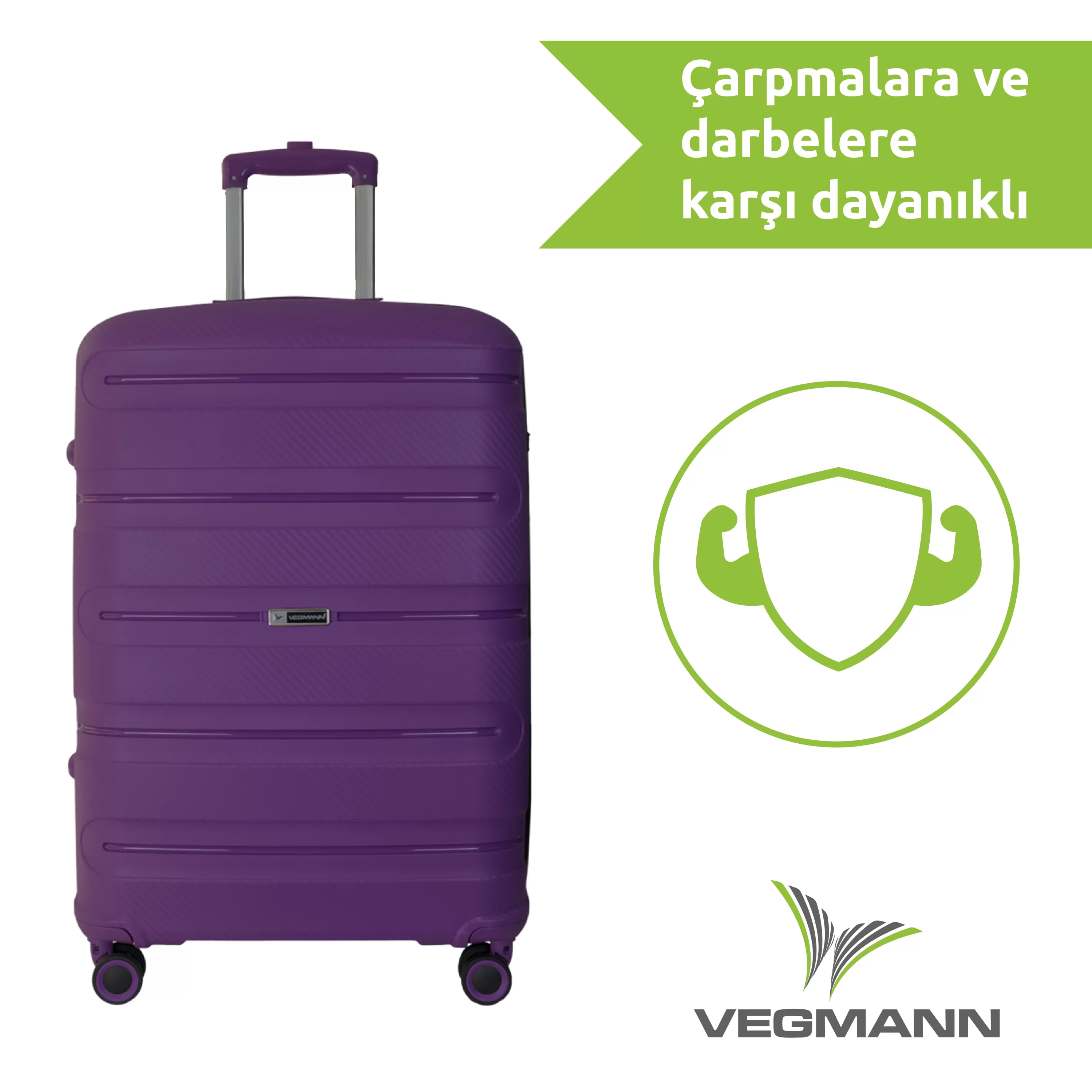 Geri çekilebilir tutamağa sahip mor bavul. Yeşil kalkan simgesi ve 'VEGMANN' metni de mevcut.