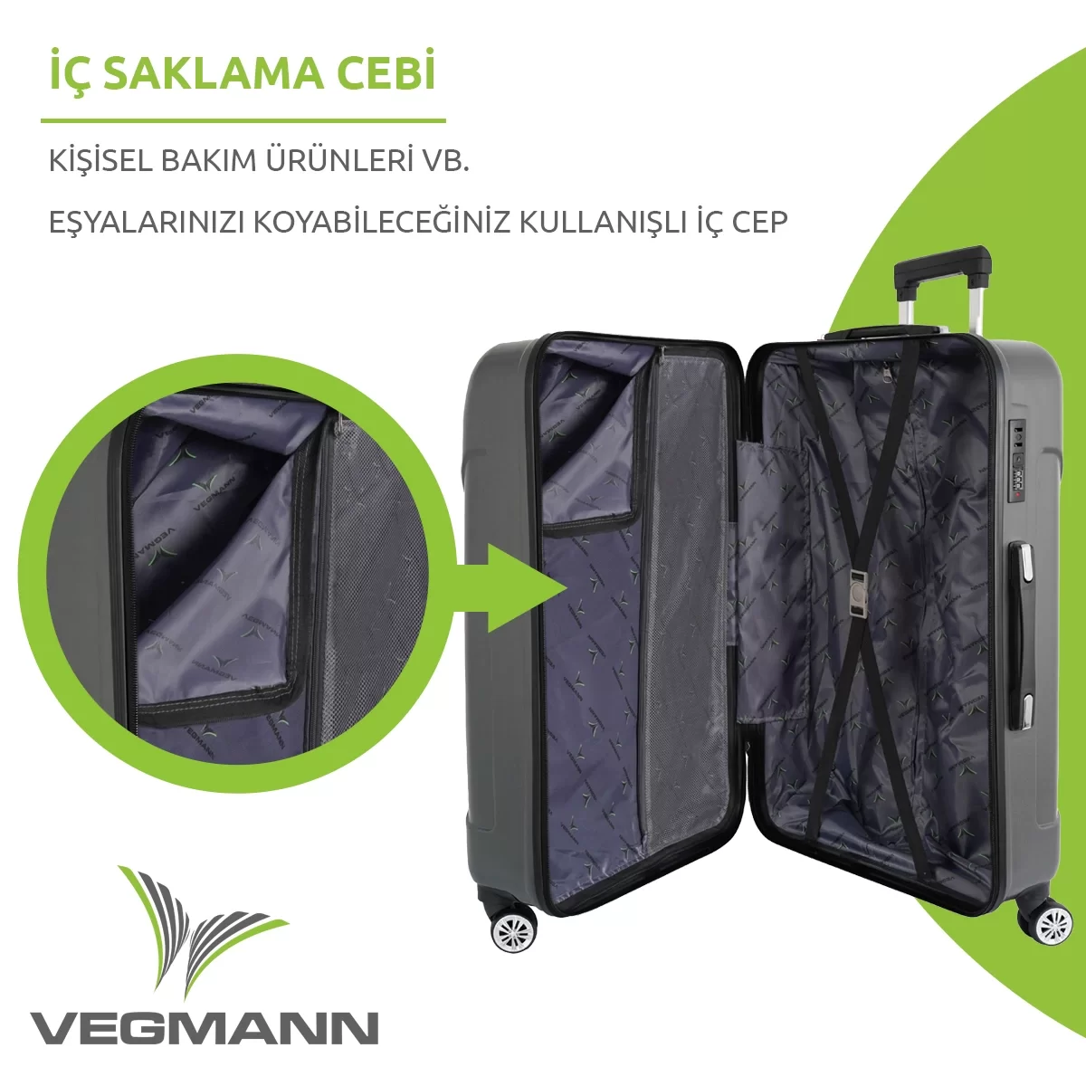 İç cepleri ve kayışları gösteren açık gri bavul. Bir ek, yeşil bir okla bir cep detayını gösterir. Vegmann logosu.