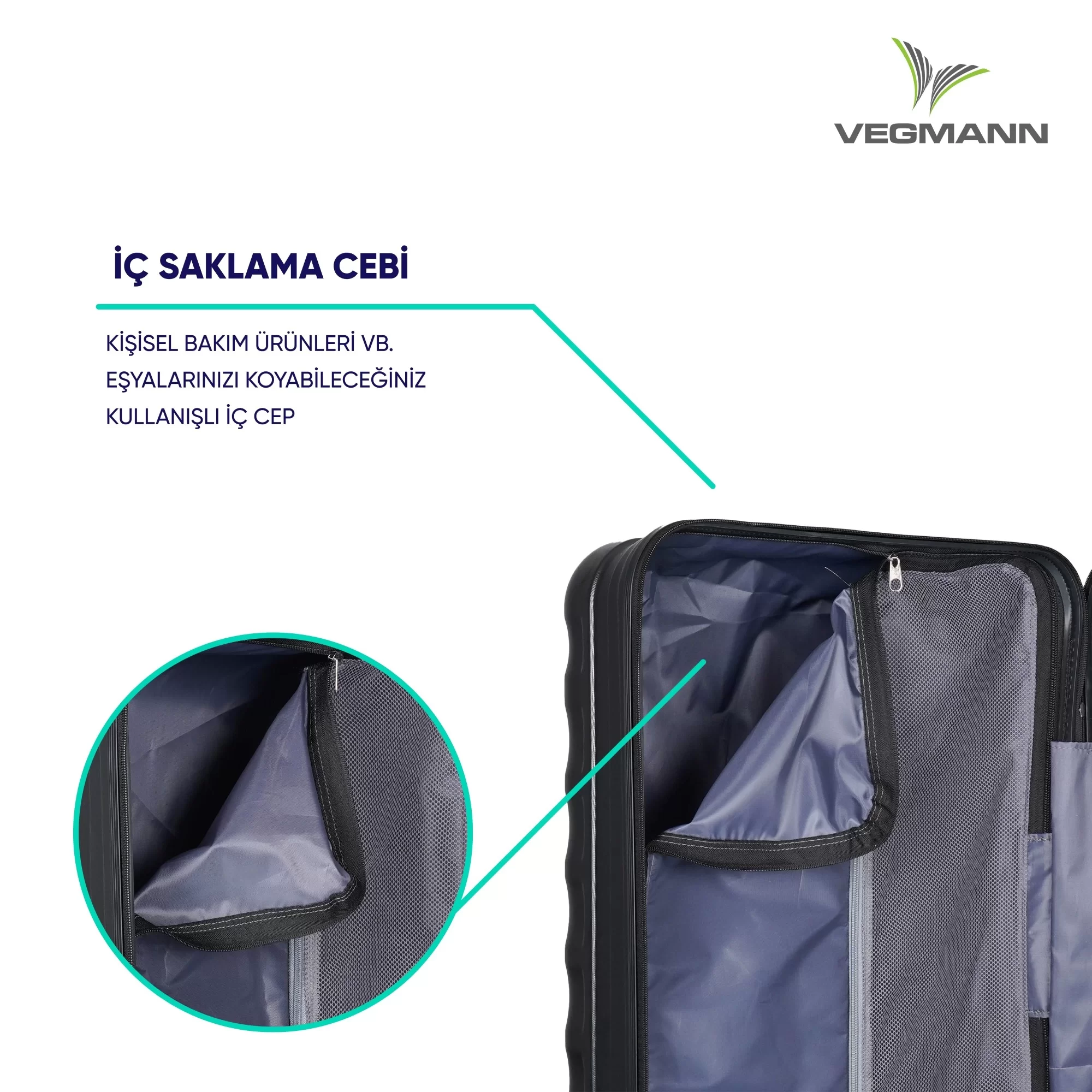 Siyah bavul içi, mavi cep ve file bölme ile. Türkçe metin, iç saklama cebini belirtiyor.