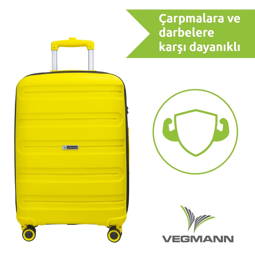 Sarı bir bavul, sapı ve tekerlekleri var. Metin 'Çarpmalara ve darbelere karşı dayanıklı' diyor. Altta Vegmann logosu var.
