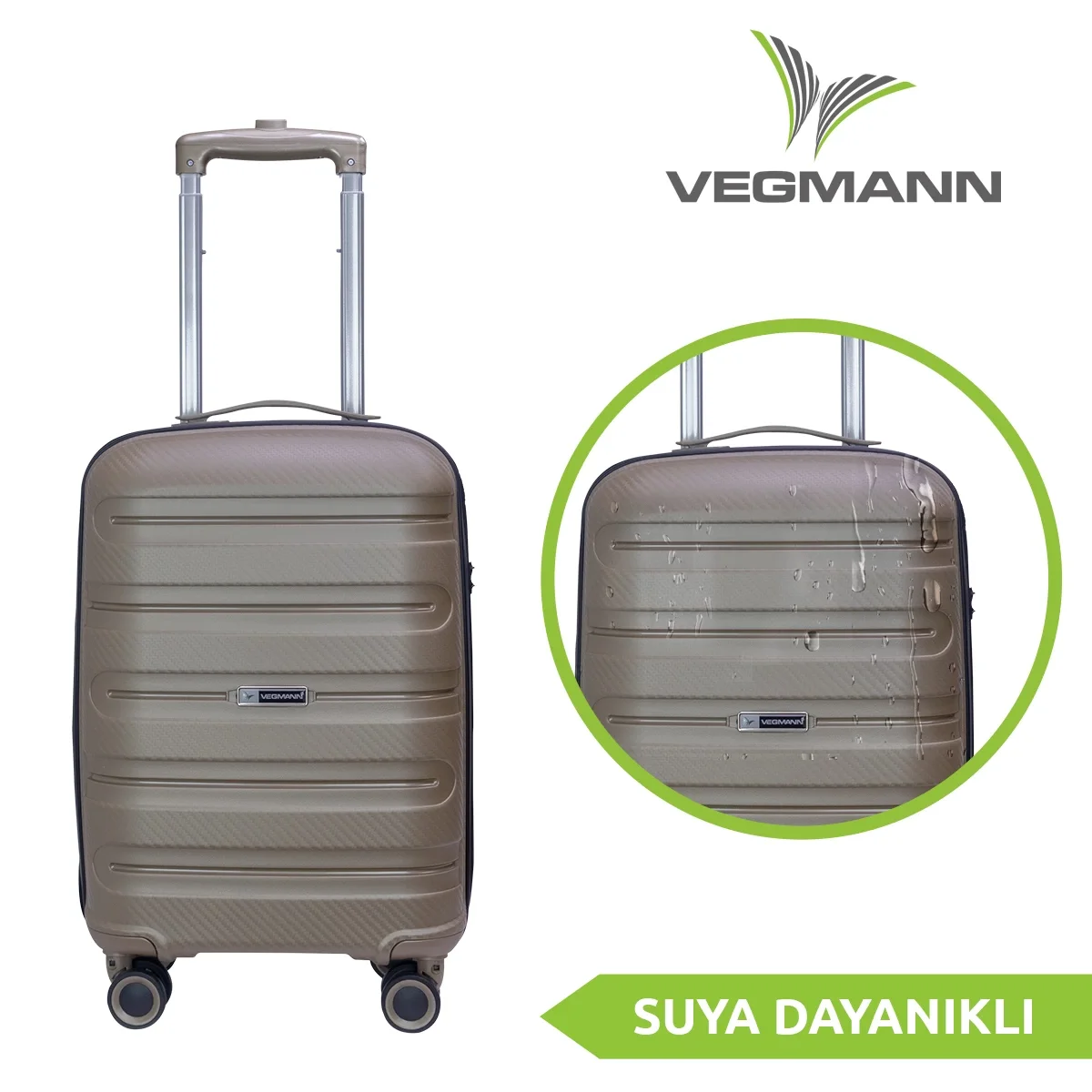 Teleskopik saplı ve tekerlekli bej bir Vegmann bavulu ve yeşil bir daire içinde daha küçük, suya dayanıklı bir versiyon.