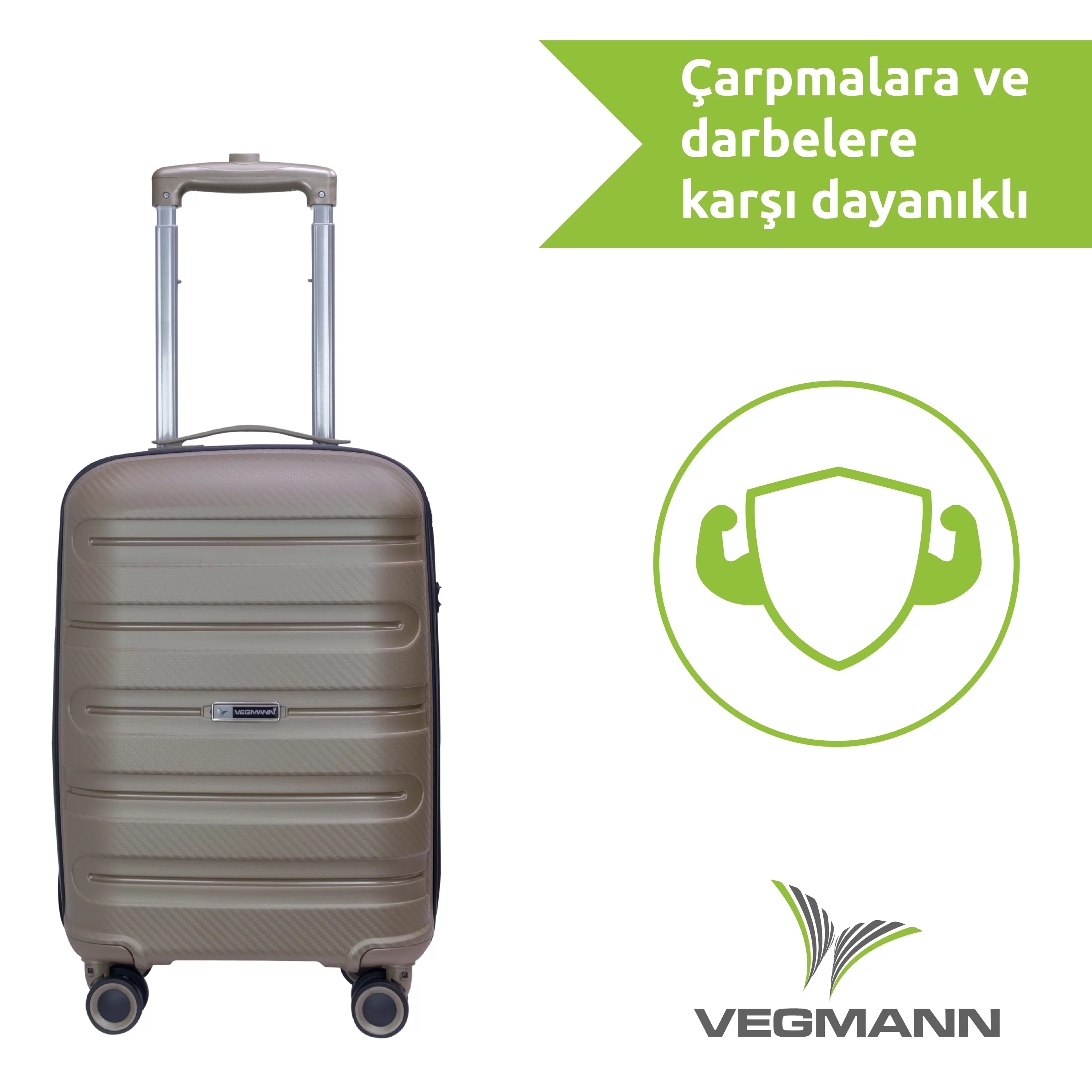 Çekme kollu bej bir bavul. Tekerlekleri var. Sağdaki metinde 'darbelere karşı dayanıklı' yazıyor.