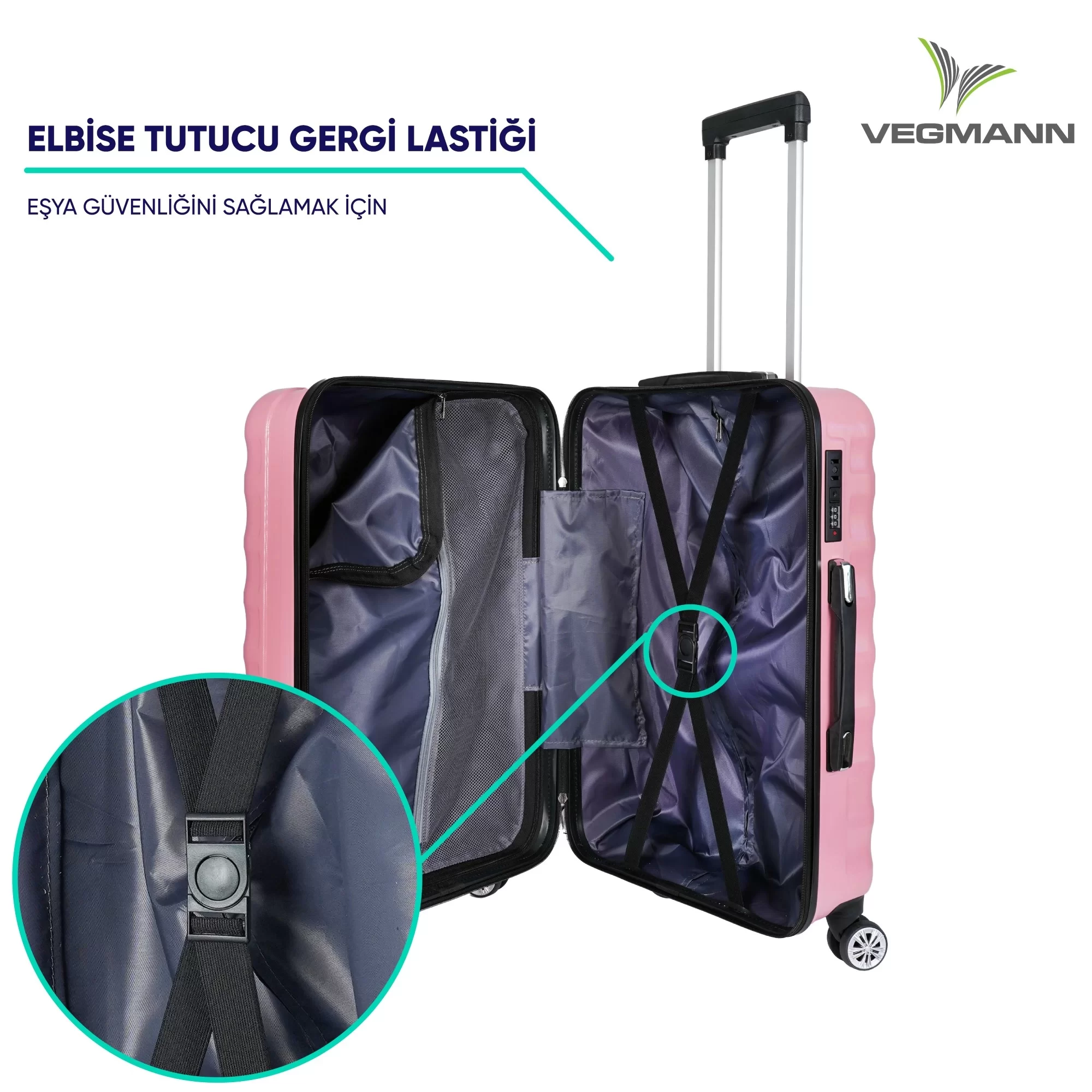 Siyah askılı pembe açık bavul. Türkçe metin: elbise tutucu lastik. Vegmann marka logosu.