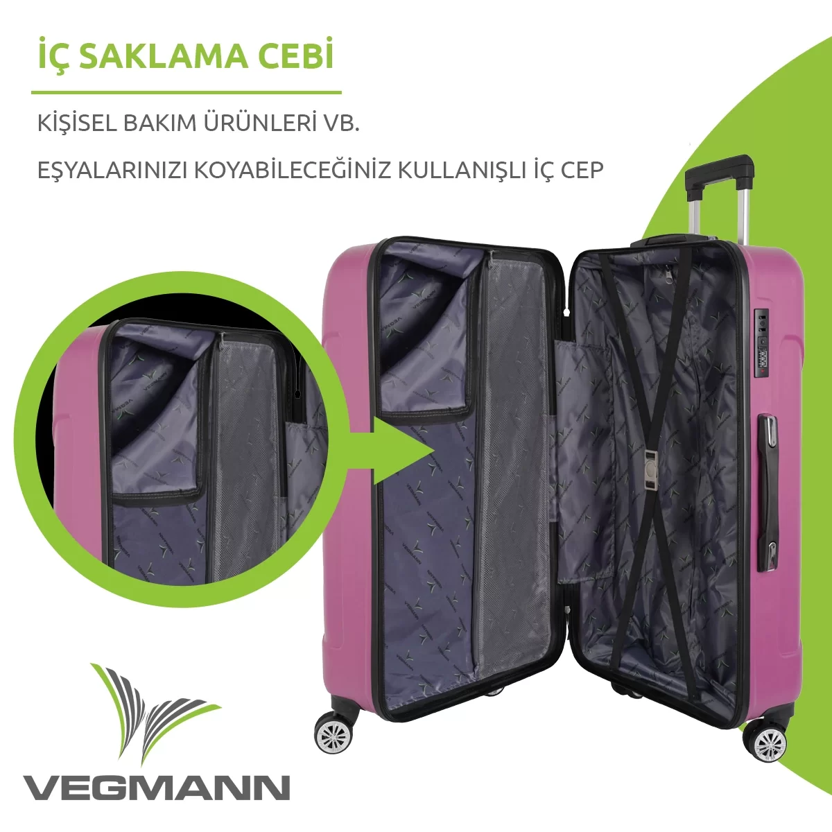 Açık pembe bavul. İçinde bölmeler ve cepler görünür. Metin, iç saklama cebini ve kişisel bakım ürünlerini vurgular.