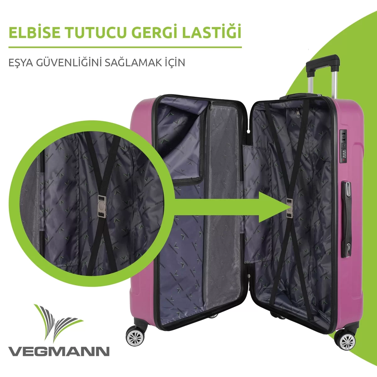 Açık bölmeli pembe bavul. Giysileri sabitlemek için içte siyah kayışlar. Yeşil ok, sabitleme mekanizmasını gösteriyor.