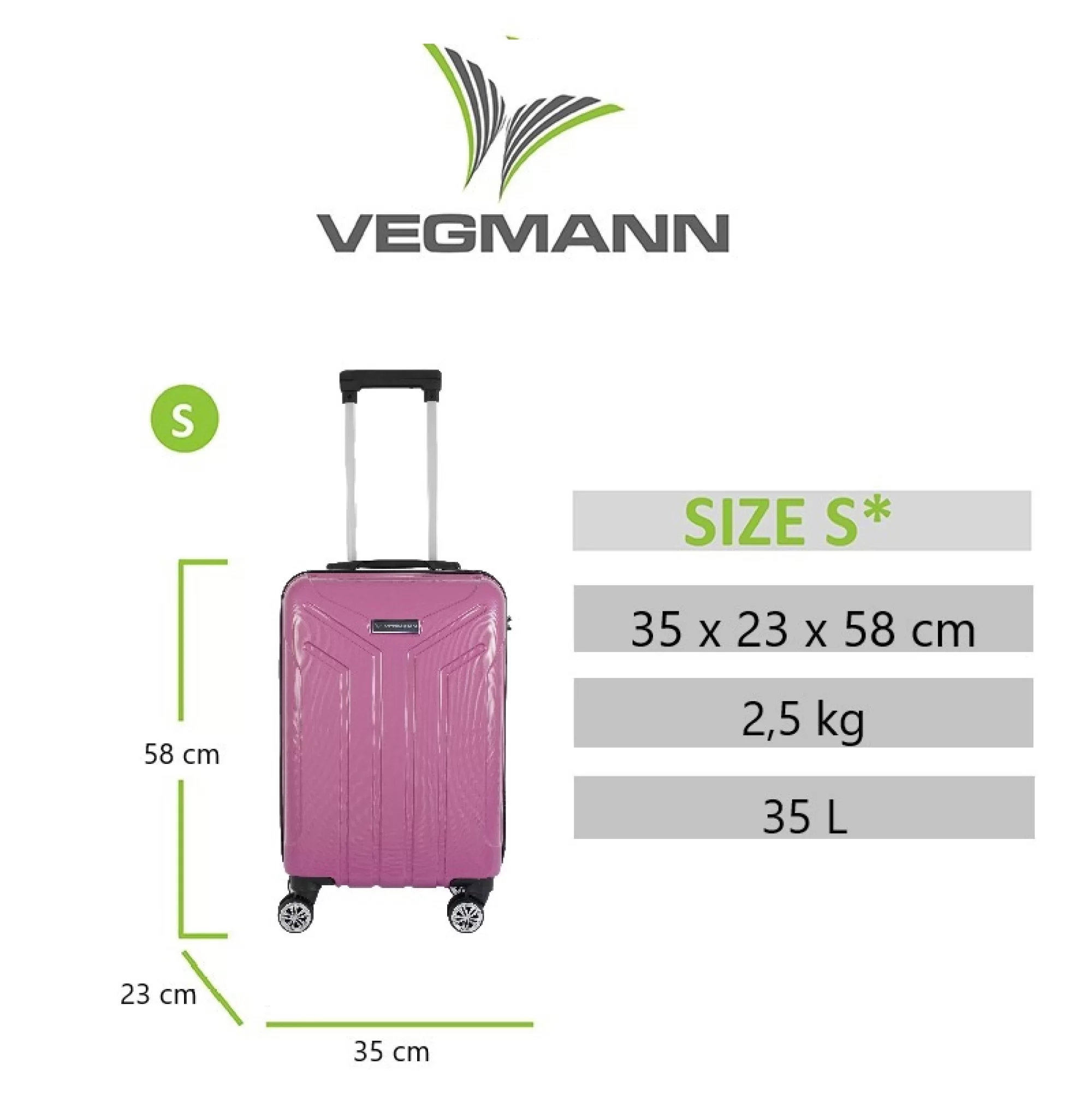 Pembe bir Vegmann bavulu, S boyutu, boyut ve ağırlık detayları görüntüleniyor. Arka plan beyaz.