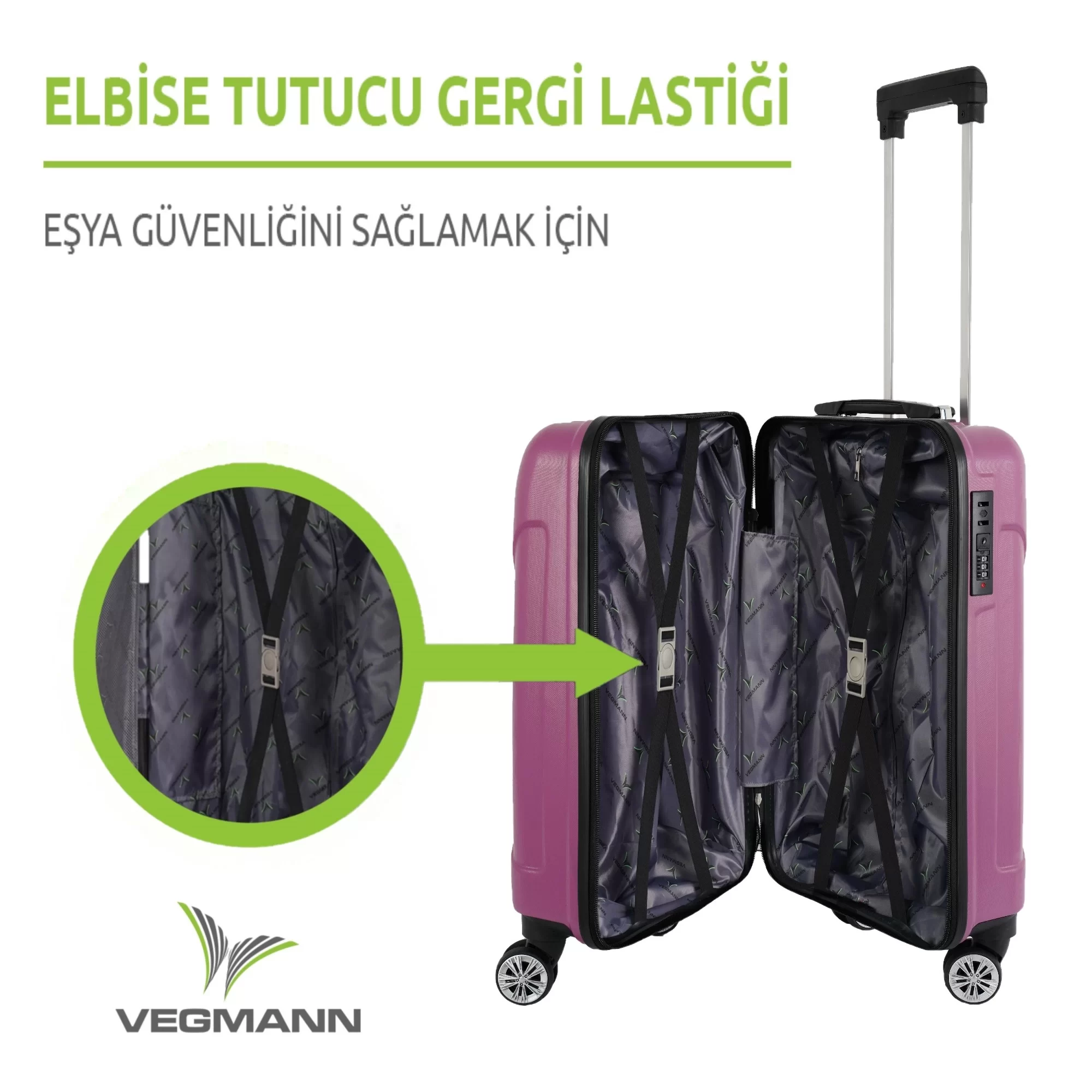 Siyah kayışlı açık mor bavul ve kayışların yakın çekimi. Üstte metin: ELBİSE TUTUCU GERGİ LASTİĞİ.
