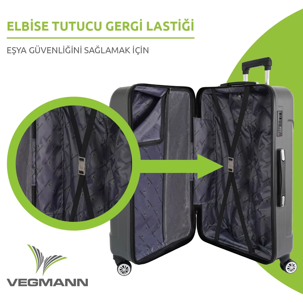 Kayışlı açık bavul. Metin: 'ELBİSE TUTUCU GERGİ LASTIĞI' ve 'EŞYA GÜVENLİĞİNİ SAĞLAMAK İÇİN'.