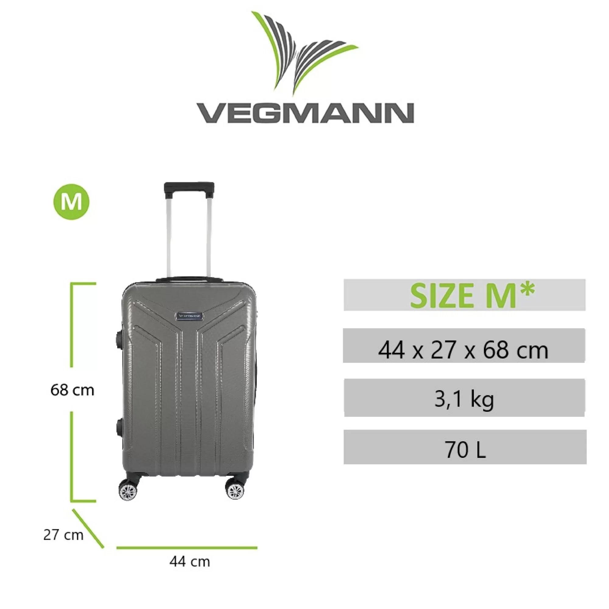 Gri bir Vegmann bavul, boyut ve kapasite detayları ile gösteriliyor. Boyut M'dir. Ölçüler 44x27x68 cm, 3,1 kg ve 70L'dir.