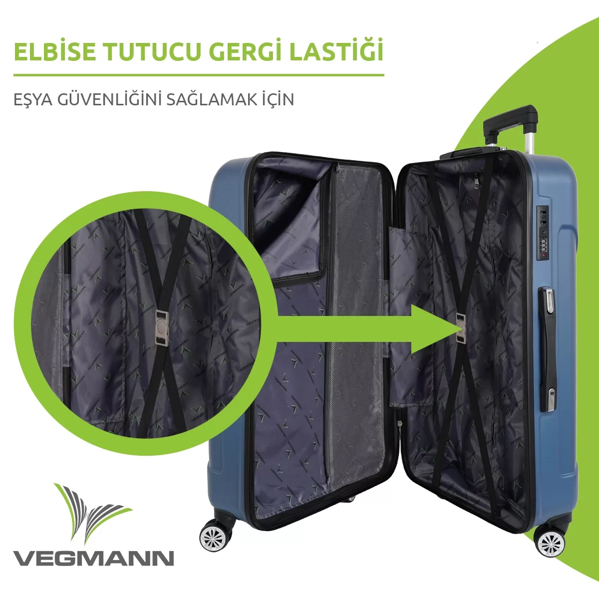 Mavi bavul açık, elastik kayışlarla içini gösteriyor. Metin: 'ELBISE TUTUCU GERGI LASTIGI' ve 'ESYA GUVENLIGINI SAGLAMAK ICIN'.