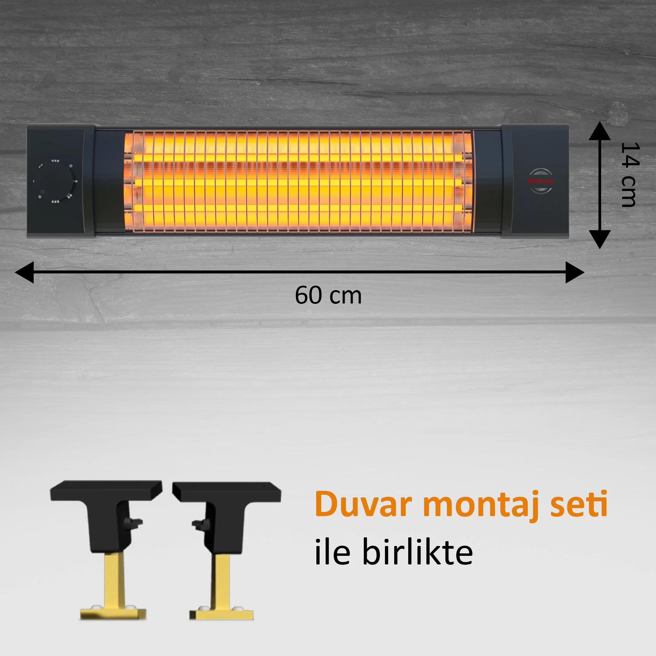 Siyah, duvara monte ısıtıcı, sarı-turuncu parıltı ile. Boyutlar resimde gösterilmektedir. Duvara montaj seti içerir.