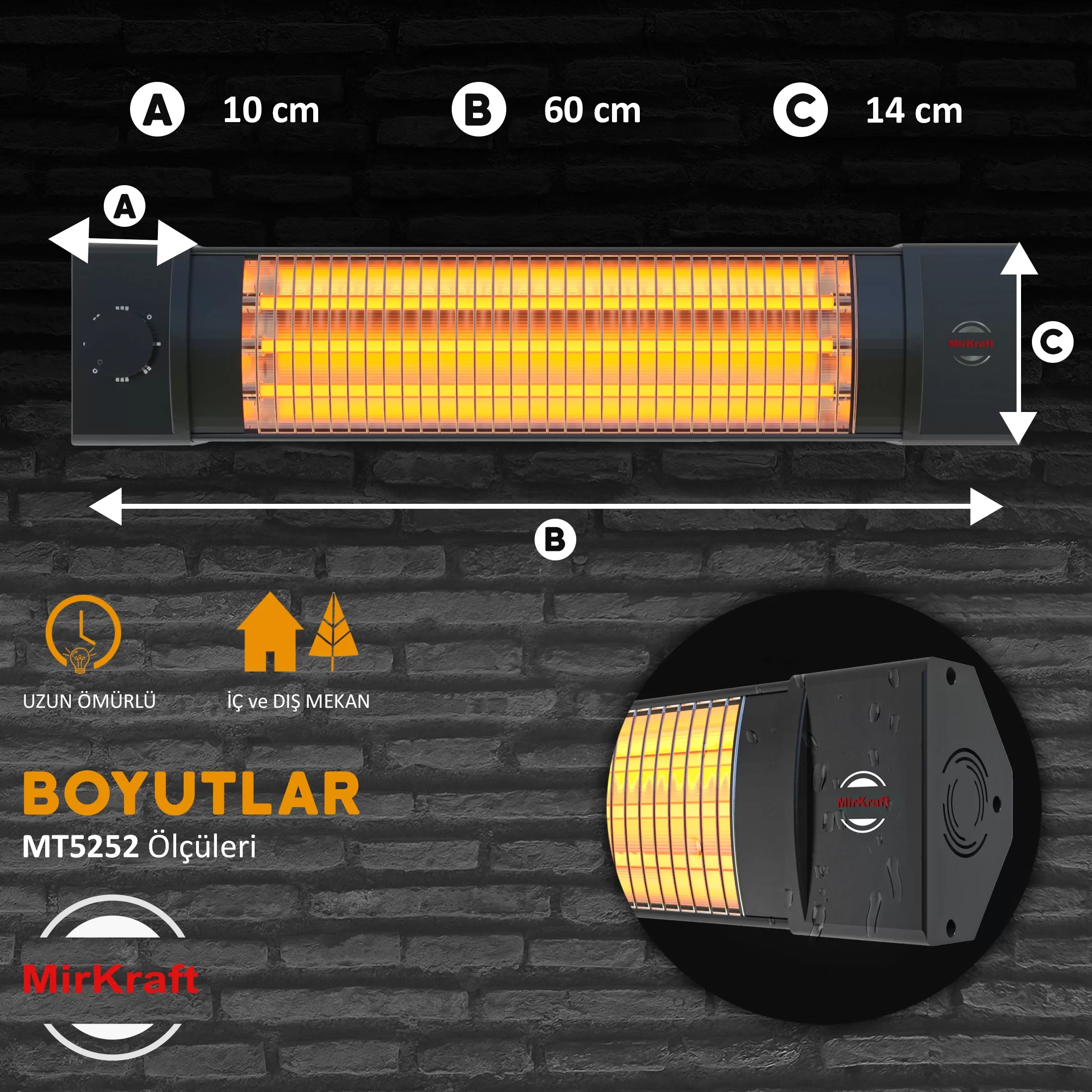 Boyutları belirtilen bir kızılötesi ısıtıcı. Isıtma elemanı, kontrol düğmesi ve Mirkraft markası.