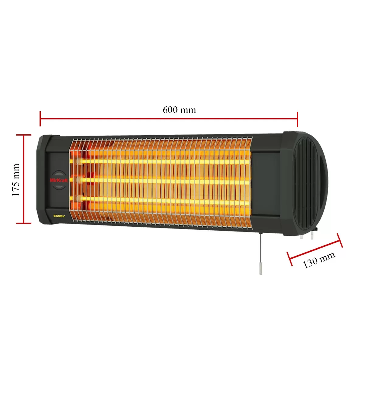 Siyah ve turuncu ısıtma elemanlarına sahip bir elektrikli ısıtıcı. Boyutlar: 600 mm x 175 mm x 130 mm. Marka adı MirKraft ve ESSBY.