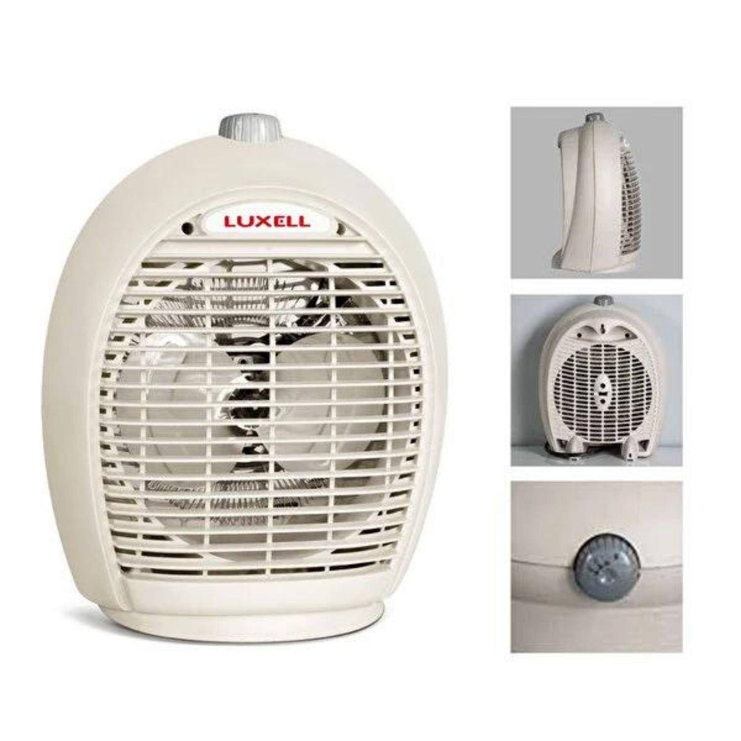 Ön ızgarası ve kontrol düğmesi olan krem rengi bir Luxell elektrikli fan. Ek görünümler yan, arka ve düğme detaylarını gösterir.