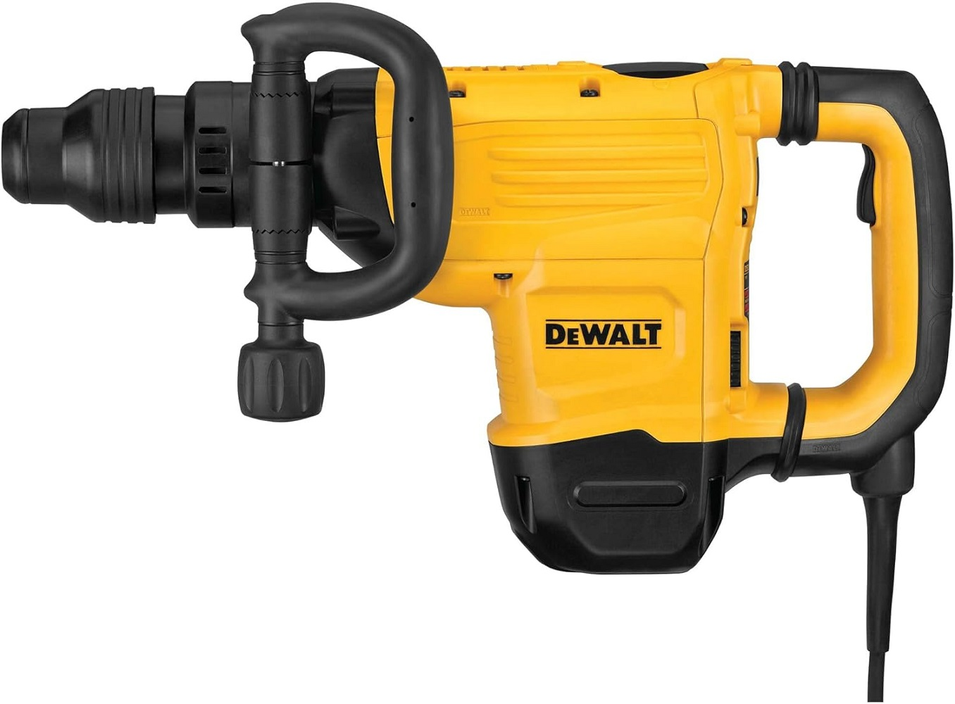 Sarı ve siyah bir DeWalt döner çekiç. Siyah bir tutacağı ve siyah bir başlığı var. Güç kablosu siyahtır.