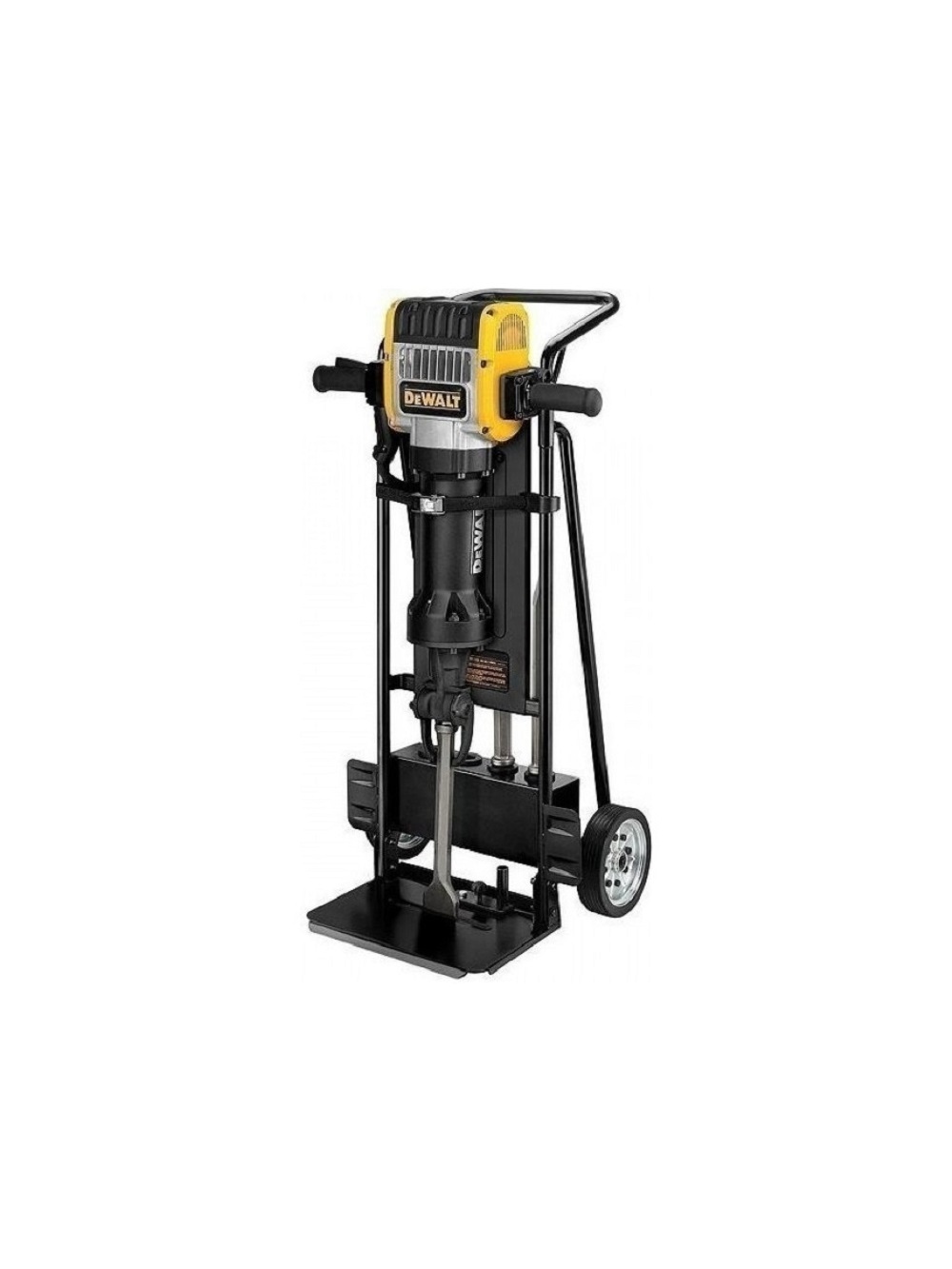 Sarı ve siyah bir DeWalt kırıcı, siyah tekerlekli bir çerçevede, dik duruyor. Arka plan beyaz.