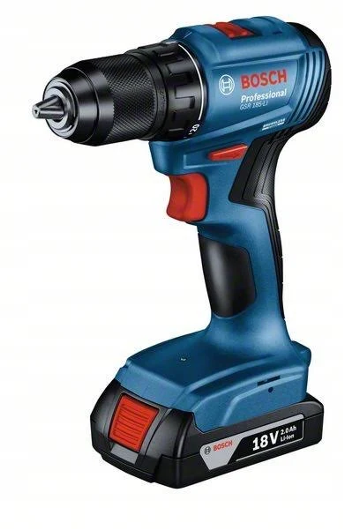 Mavi ve siyah Bosch kablosuz matkap. Kırmızı tetik ve pil serbest bırakma düğmeleri. 18V 2.0Ah Li-ion pil.
