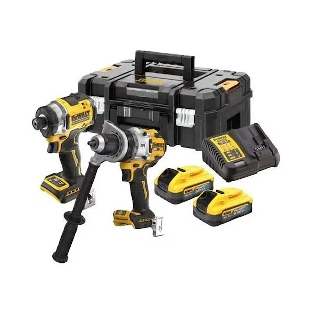 Bir Dewalt elektrikli el aleti seti, matkaplar, piller, bir şarj cihazı ve siyah bir alet kutusu içerir. Sarı ve siyah renk şeması hakimdir.