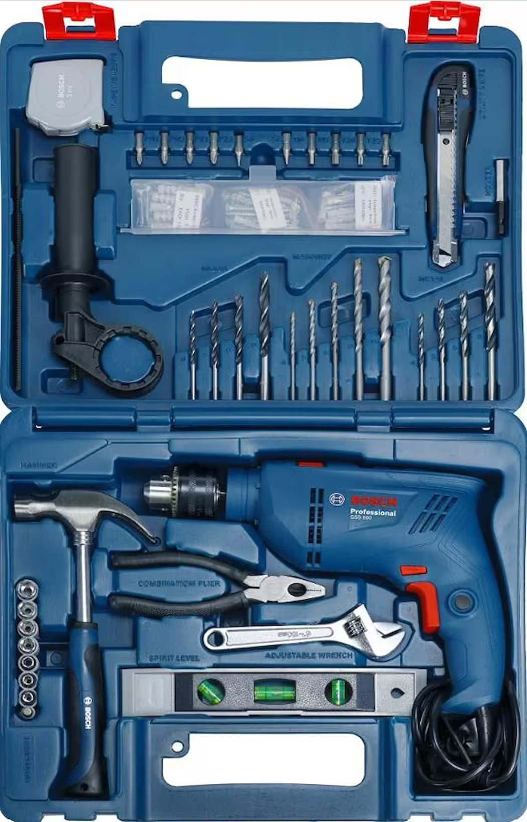 Cassetta attrezzi Bosch blu con trapano, martello, pinze, chiave, livella e punte. Utensili in custodia di plastica blu.