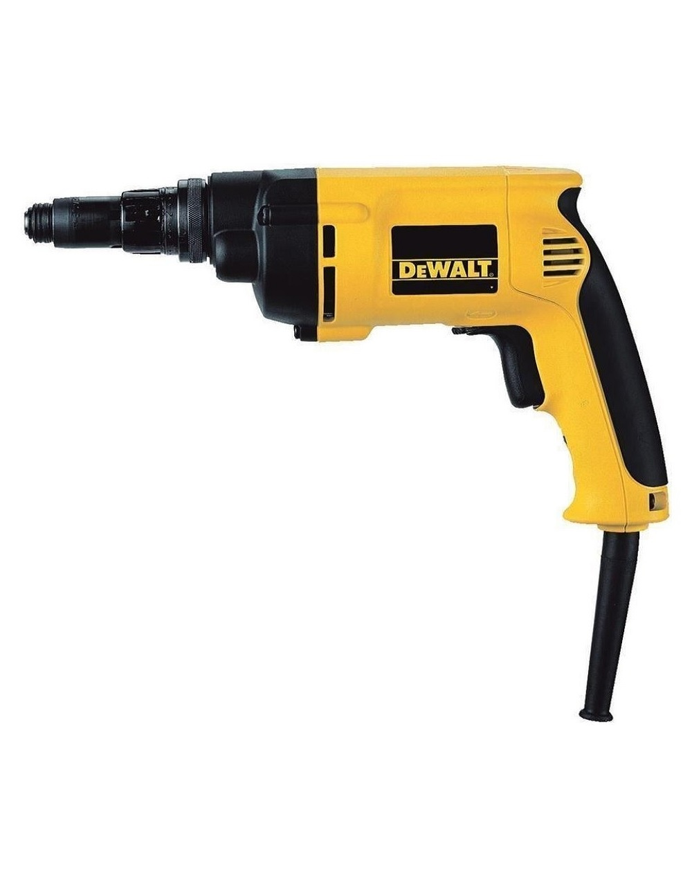 Sarı ve siyah bir DeWalt vidalama tabancası. Tabanca açılıdır, önde uzun siyah bir ataşman ve arkada bir tutamak bulunur.