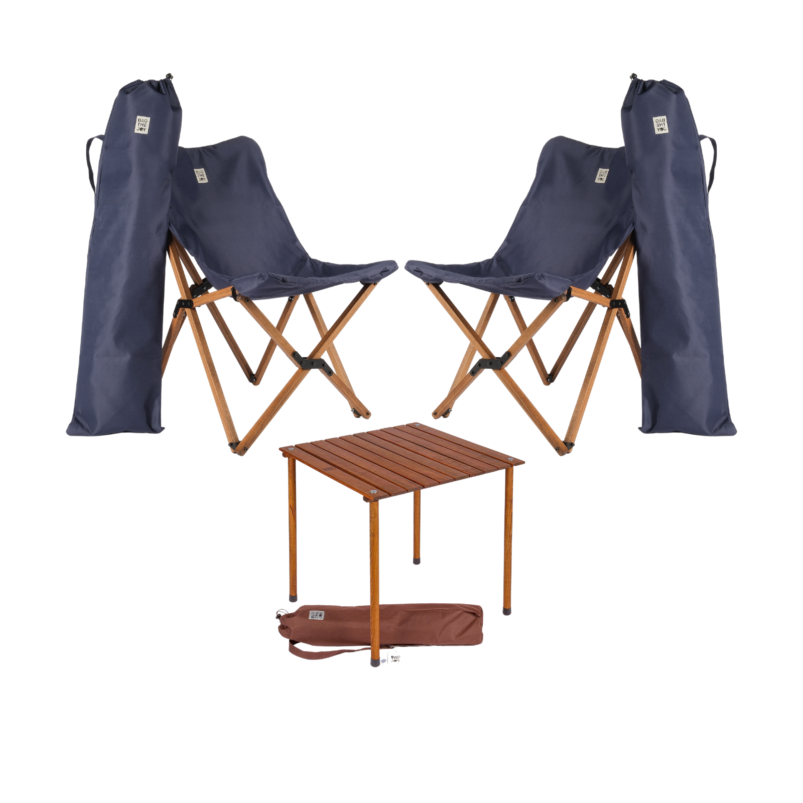 BAG THE JOY Ahşap 60x60x55 Kahverengi Katlanır Çantalı Kamp Masa Sandalye Seti Lacivert