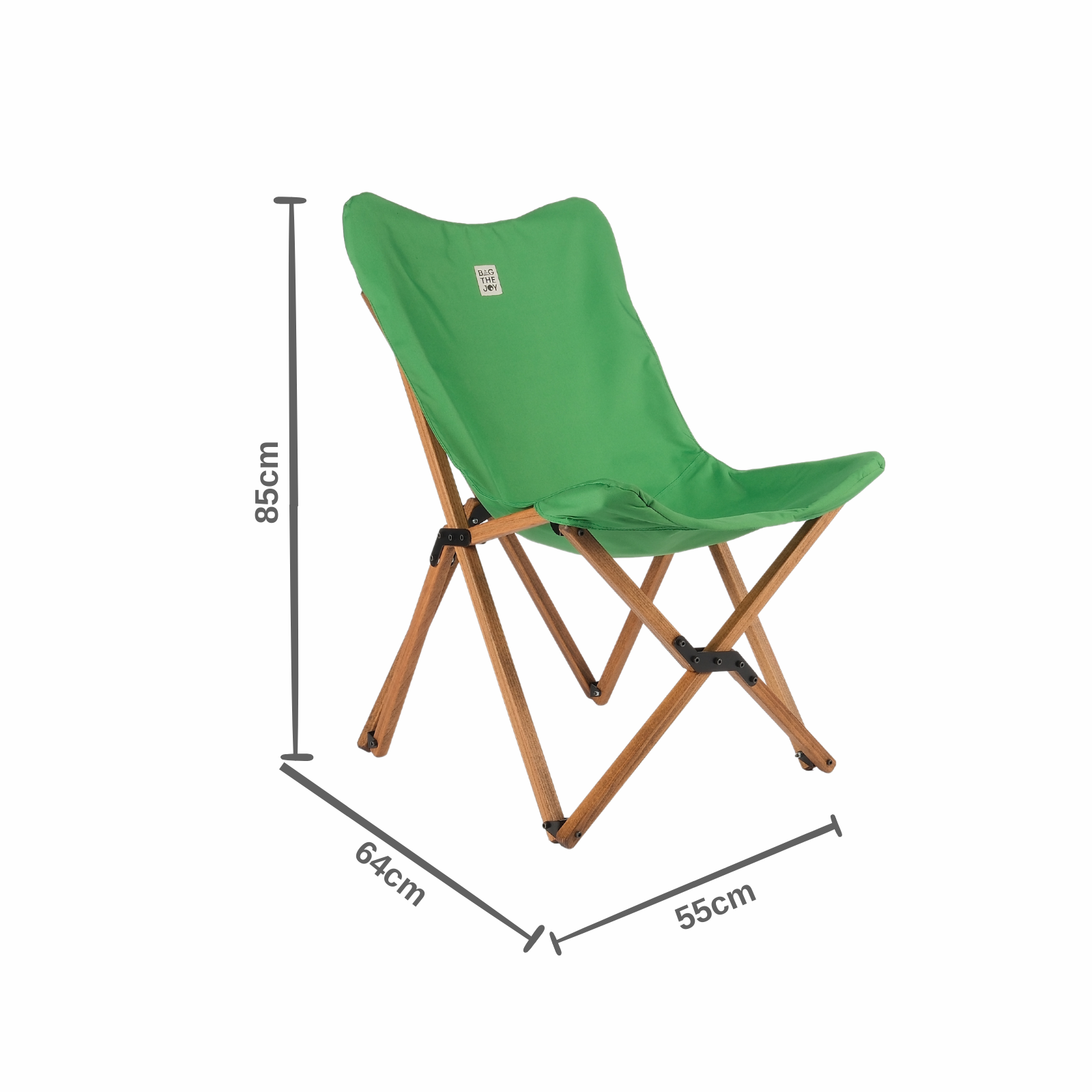 Ahşap bacaklı, katlanır yeşil bir sandalye. Boyutlar: 85 cm yükseklik, 64 cm genişlik ve 55 cm derinlik.