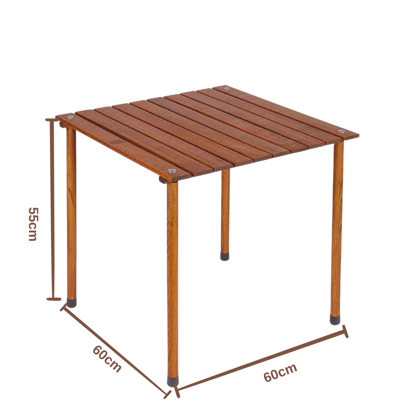 Dört ayaklı küçük bir ahşap kare masa. Çıtalı bir üst yüzeye sahiptir ve 60x60x55cm ölçülerindedir. Arka plan beyazdır.
