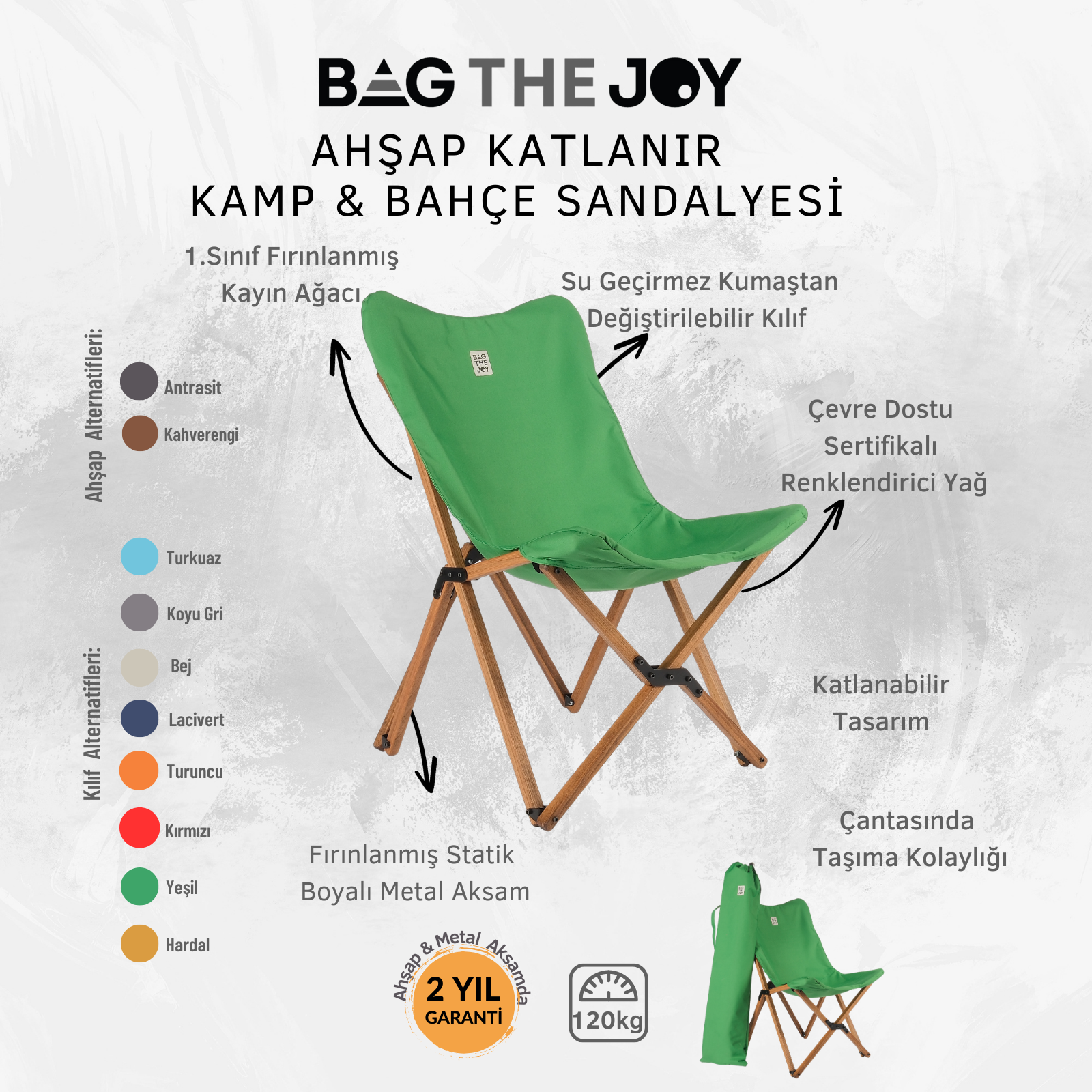 Ahşap bacaklı, katlanır yeşil bir kamp sandalyesi. Yeşil bir örtüsü ve yanında bir taşıma çantası var.