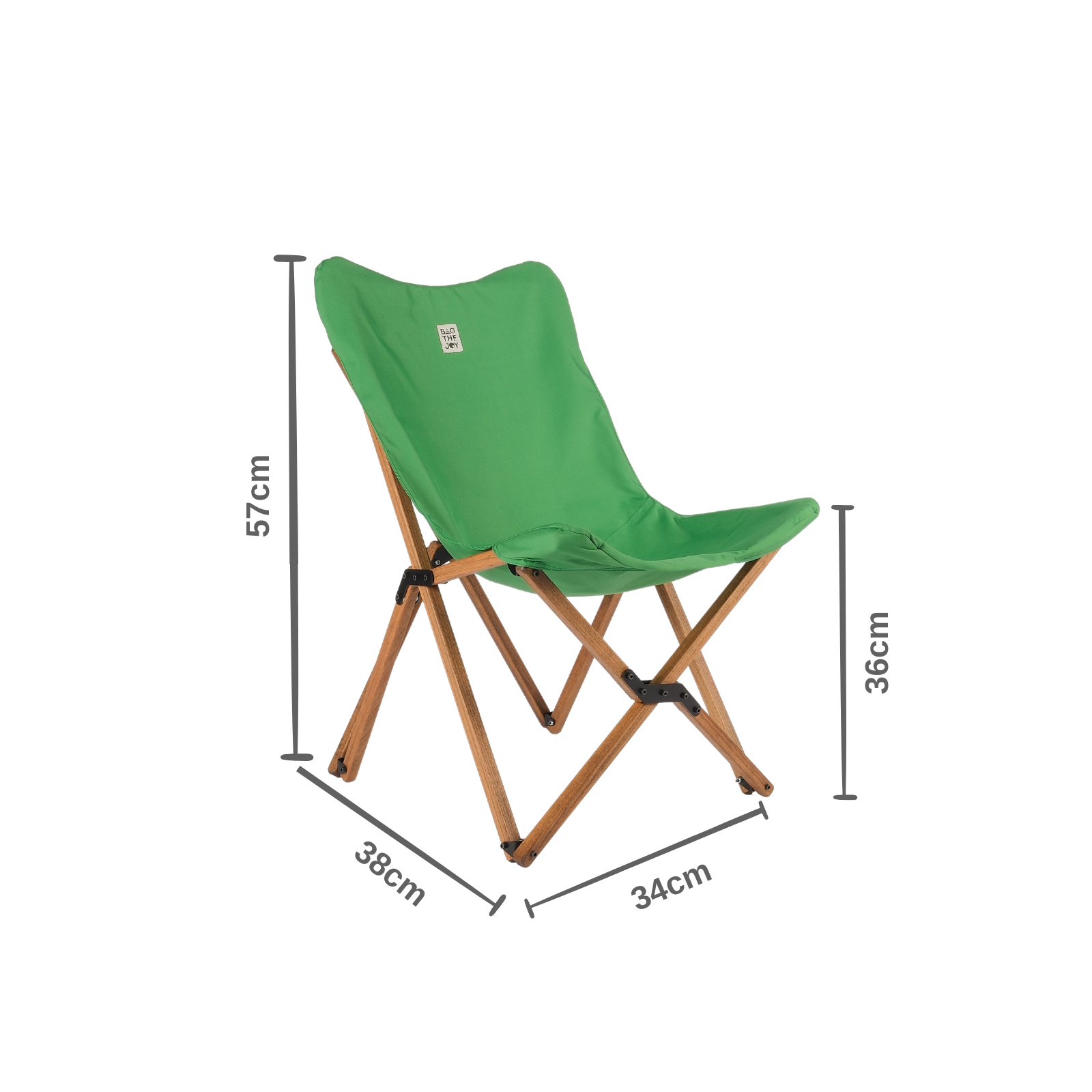 Ahşap bacaklı, yeşil bir kelebek sandalye, 57 cm yüksekliğinde, 38 cm genişliğinde ve 36 cm derinliğinde ölçülerle gösteriliyor.